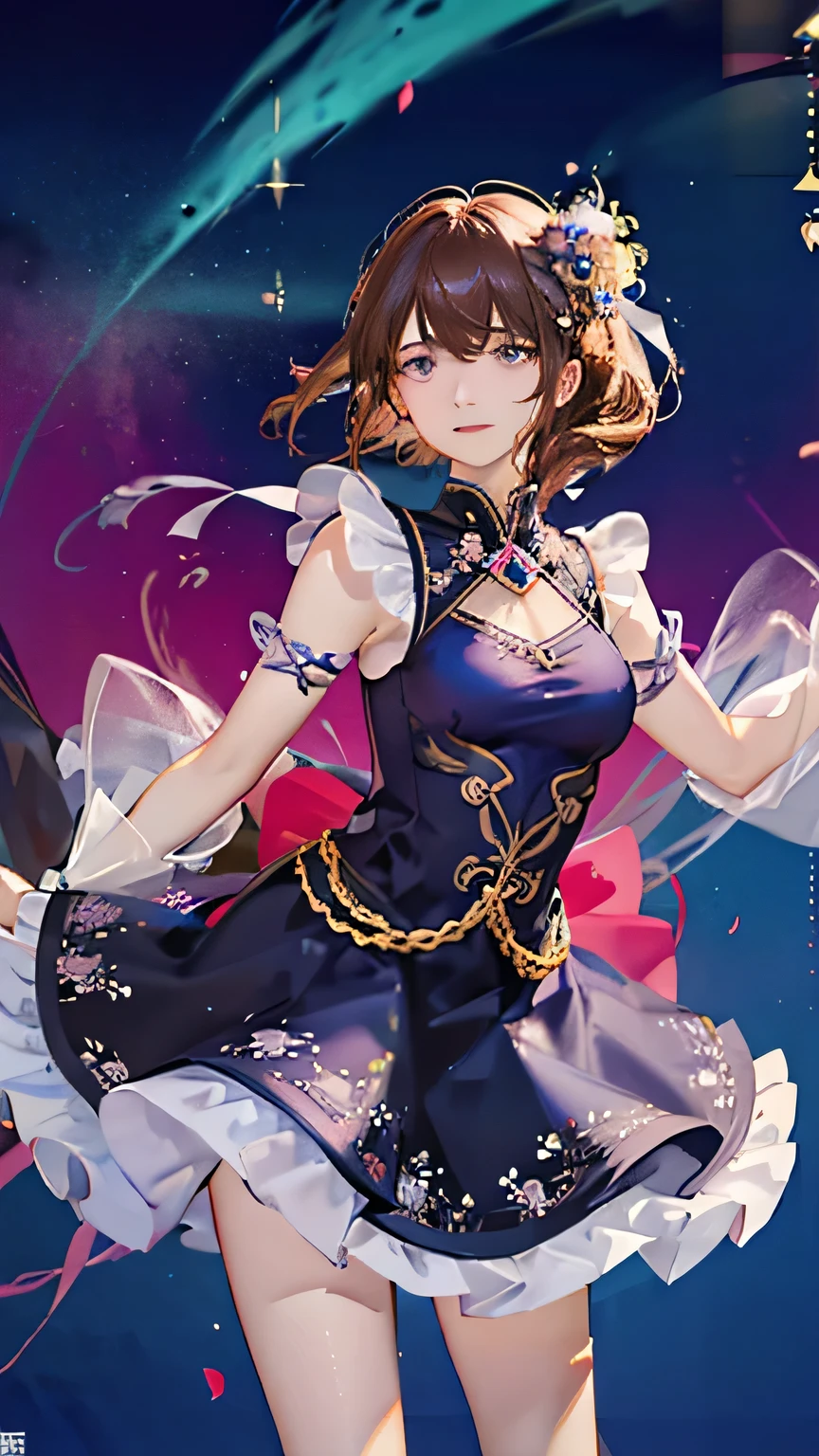 (highest quality, High resolution), Glowing Eyes, Delicate facial features, Vibrant colors, Dreamy atmosphere, Fantasy Theme, Floral Background, Graceful Movement, Magic lighting, Mysterious Aura, Heavenly Beauty, Magic thread, Whimsical elements,Big Breasts、lingerie、sexy