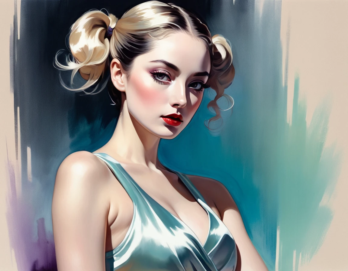 chiaroscuro technique on sensual illustration of an elegant queen , vintage ,silky dress, matte painting, by John Singer Sargent, by Harumi Hironaka, extremely soft colors, vibrant, pastel, highly detailed, digital artwork, high contrast, dramatic, refined, tonal, an intimate, seductive studio setting with a focus on sensuality and romance. 30-year-old woman、Big Breasts、Pigtails、Tank top、Sportswear、Muscular body、、Slanted Eyes、、、Arms crossed in front of you、Show the whole body、Looking into the eyes、Blonde、one's home、Chubby body type、smile