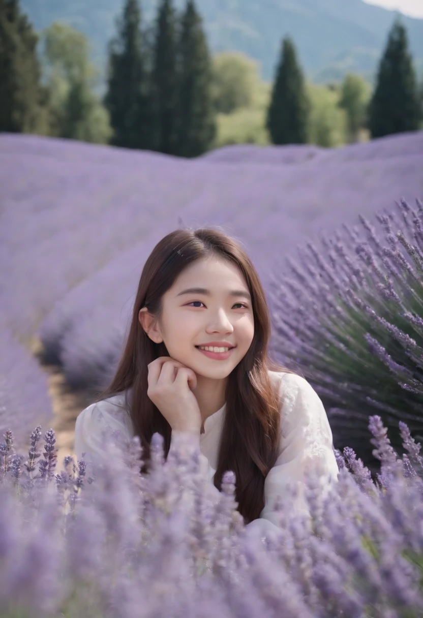 A 17 year old girl is sitting in a lavender field, smile, blue sky, Baiyun, Fir Mountain.