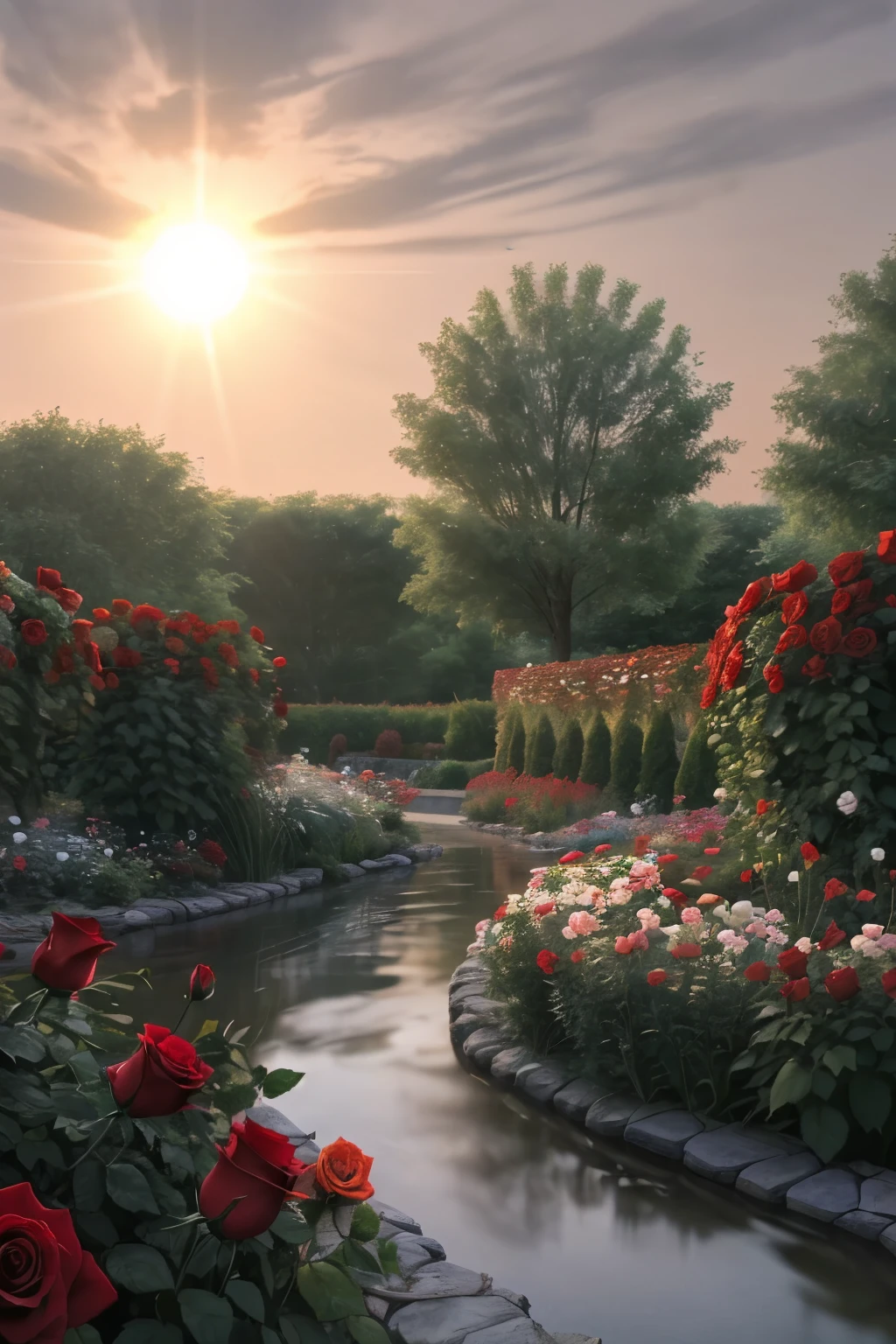 a garden with red roses, the sun rising above, the river far away, 3D,