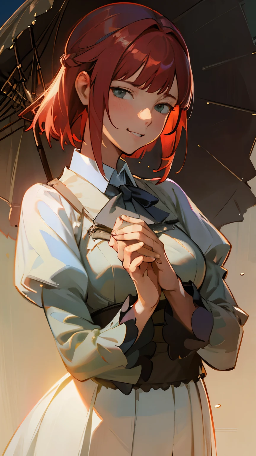   looking at viewer crazy eyes crazy smile full body  portrait of a cute woman  (backlighting), masterpiece, highest quality, lens flare, shade, bloom, [[chromatic aberration]], by Jeremy Lipking, by Antonio J. Manzanedo, digital painting, Style-GlassFinal,  skin texture white panties Ushiromiya ange red hair black skirt