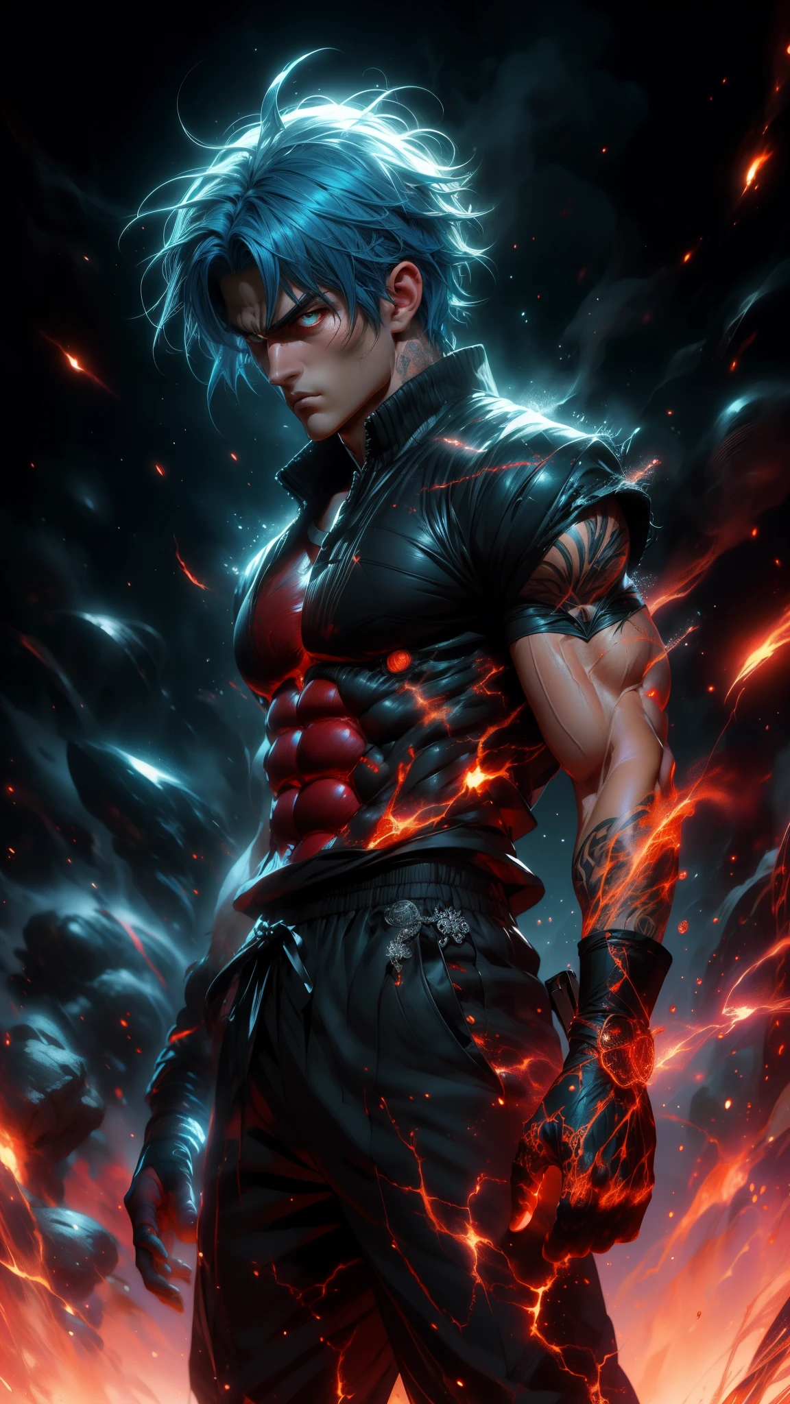 (Aesthetic, Hi-Res: 1.2), Get ready for a visual feast with Vegito 20 years old, solo, brilliant blue hair and tattoos, a creature with a handsome face and piercing golden eyes. In his transformed state, he radiates extreme instinct and power, creating an epic anime about this man of energy. See how he manipulates fire and lava in stunning anime artwork that will blow your mind. This concept art is straight from the Bleach Universe, with manga-style 8k wallpapers that will transport you to another dimension. Get ready to be amazed by this detailed piece of digital anime art, showcasing the ultimate combination of style and power.