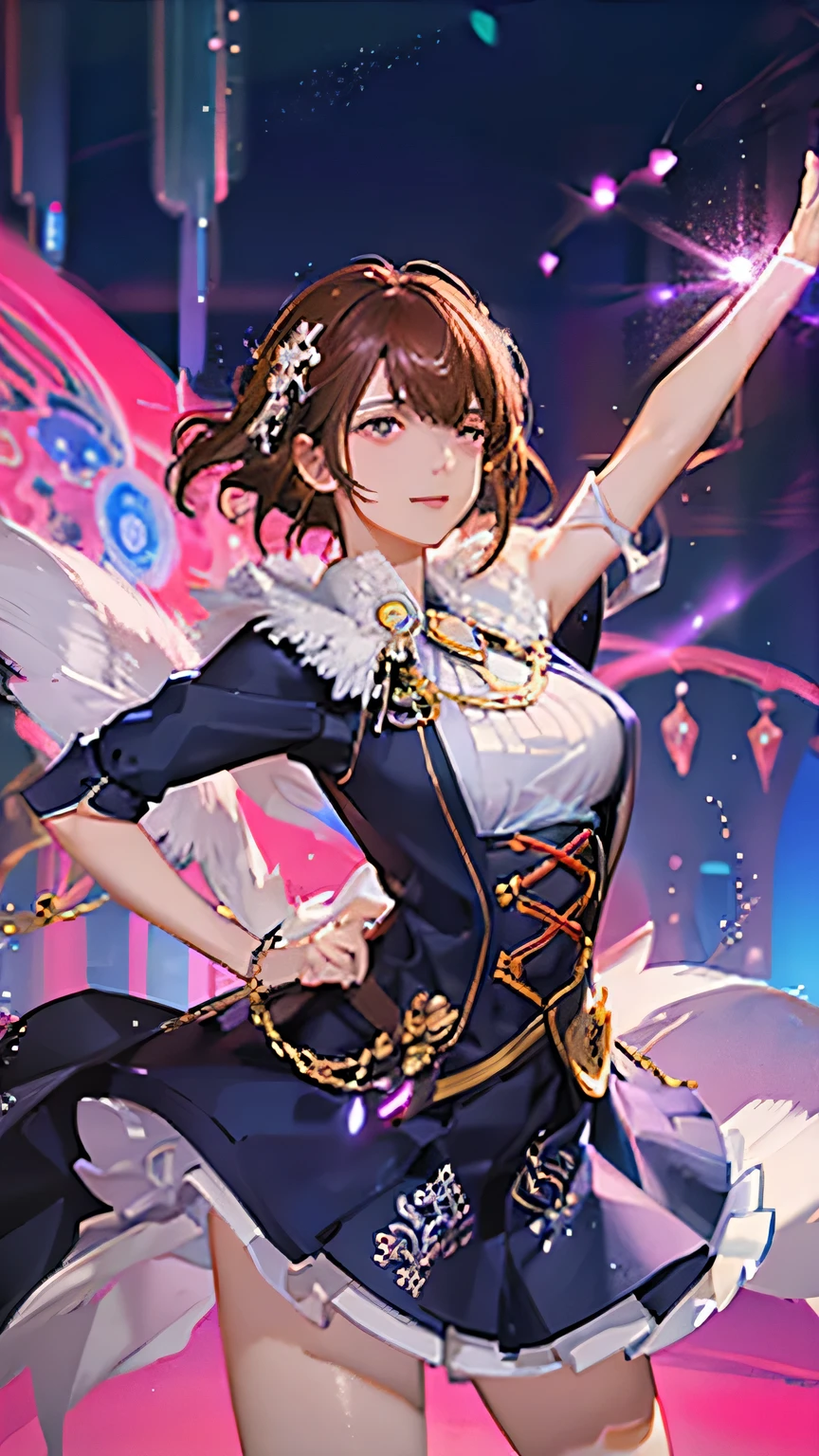 (highest quality, High resolution), Glowing Eyes, Delicate facial features, Vibrant colors, Dreamy atmosphere, Fantasy Theme, Floral Background, Graceful Movement, Magic lighting, Mysterious Aura, Heavenly Beauty, Magic thread, Whimsical elements,Sexy idol costumes、