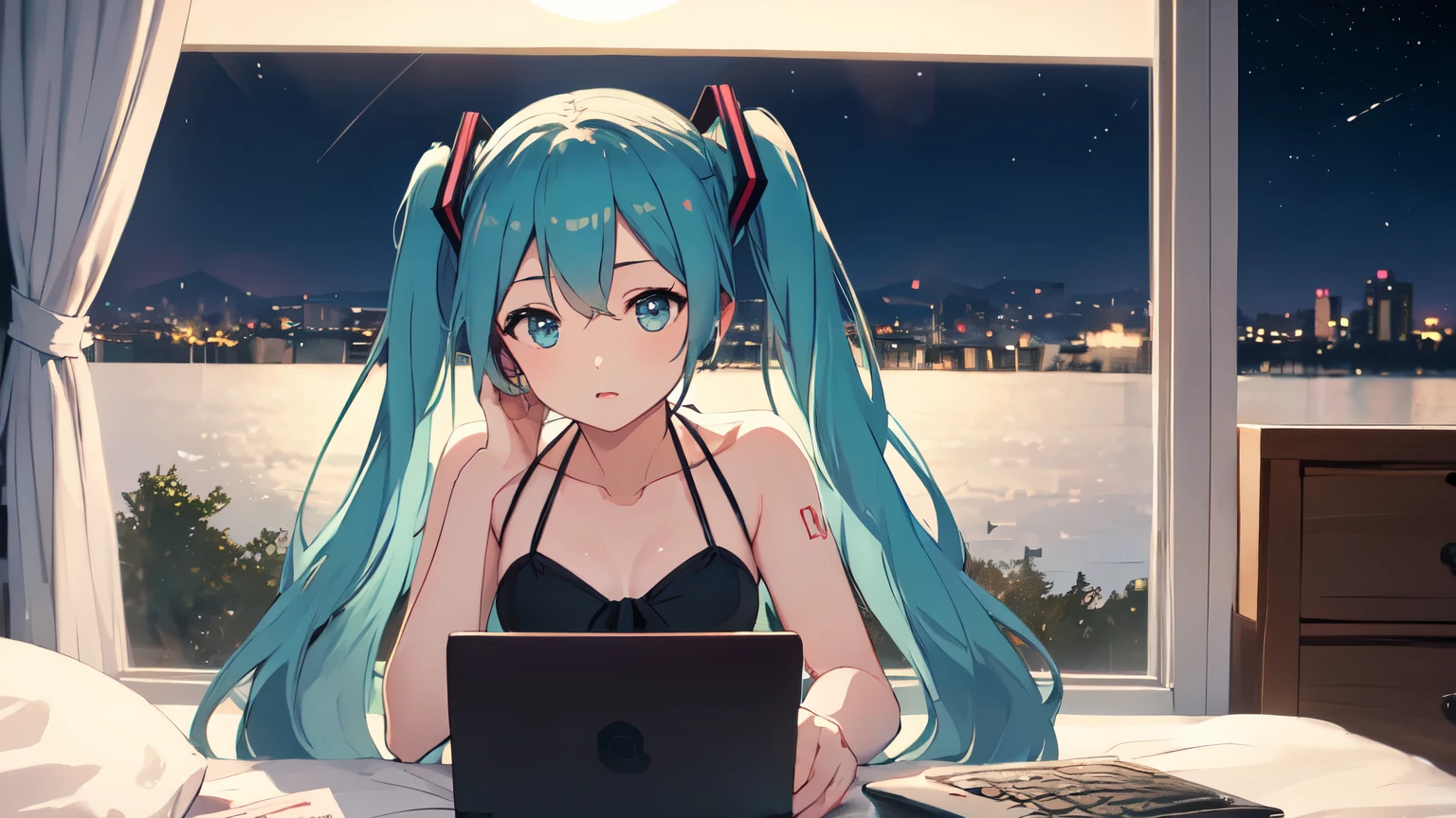 In bed with headphones、Studying on a laptop、Hatsune Miku in a bikini、Beautiful night view outside the window