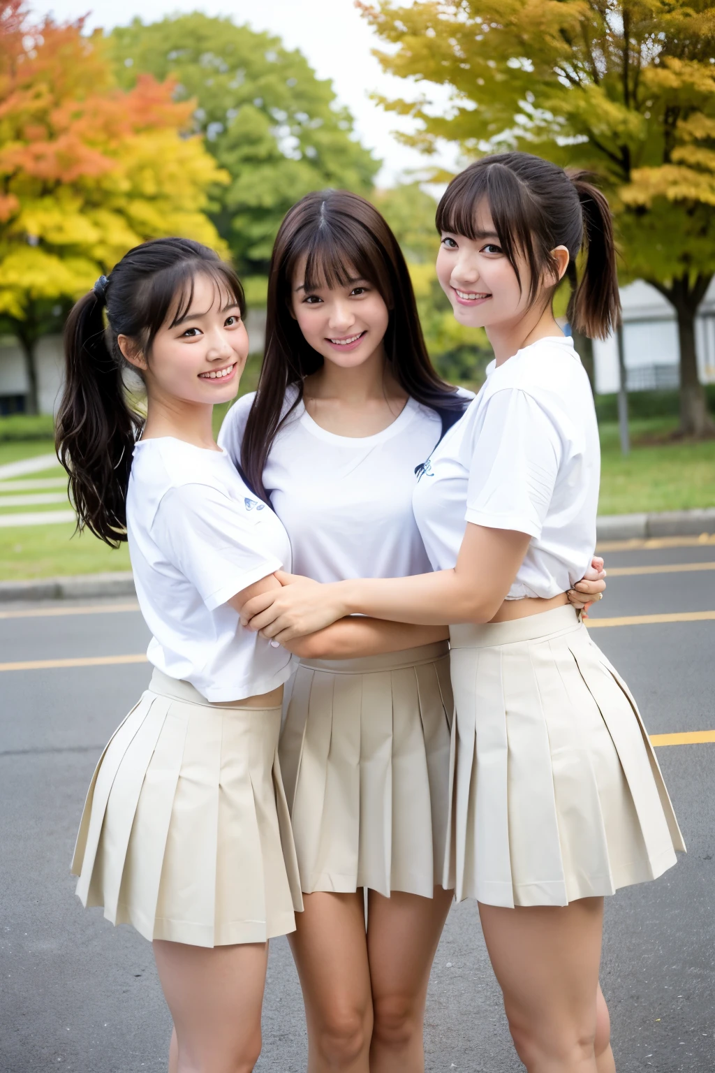 girls standing in school yard in autumn, white plain t-shirt with white pleated skirt, 18-year-old,bangs,a little smiles,thighs,knees,crotch,low ponytail,from below, heavy rain, wet body