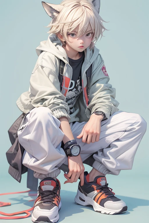 a masterpiece，Bestquality，offical art，8kwallpaper，Extremely Detailed，Illustration，1BOY，Trendy outfits，watch，sneaker shoes，squat down，Hands droop naturally，Hooded jacket，Street side，