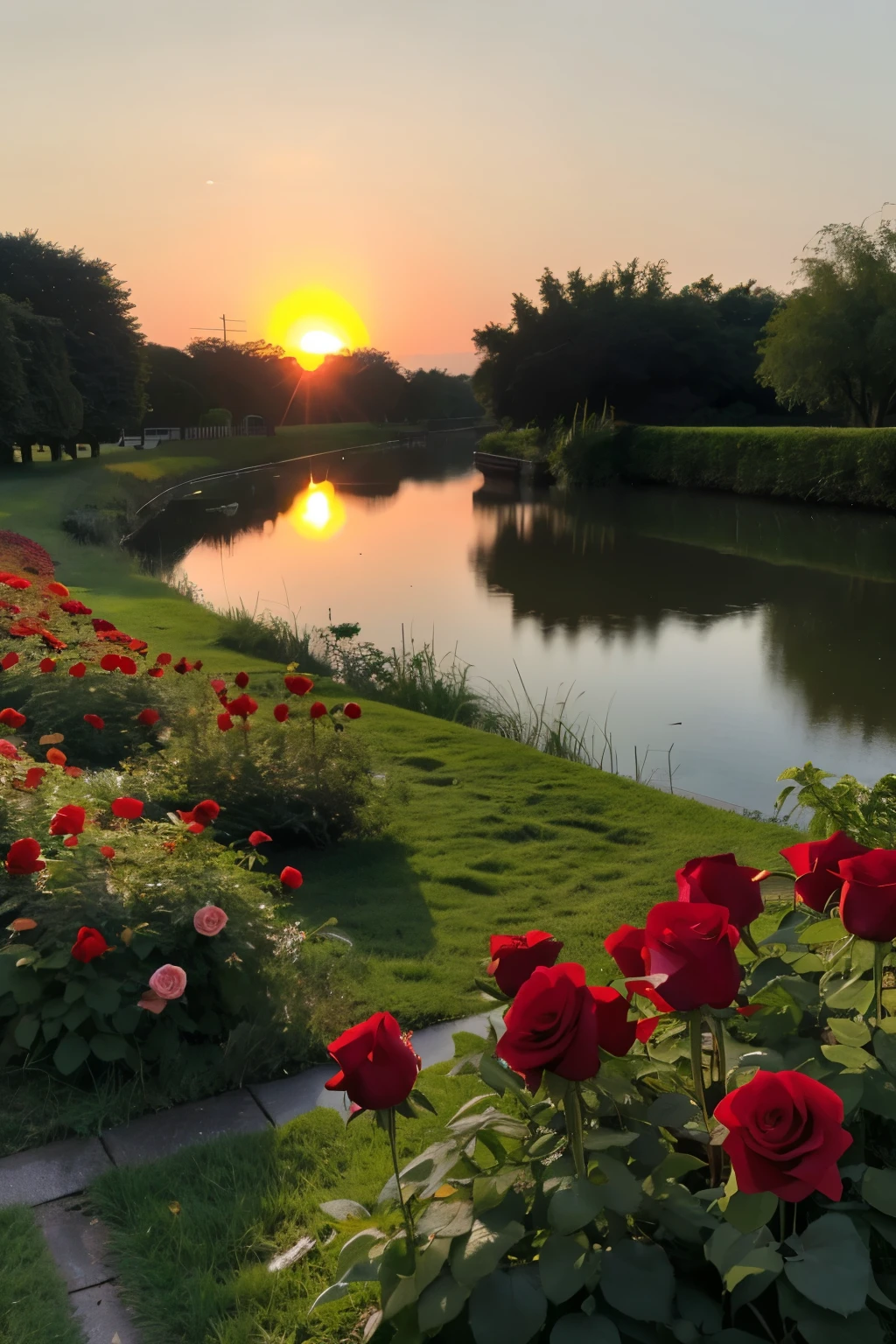 a garden with red roses, the sun rising above, the river far away, 3D,