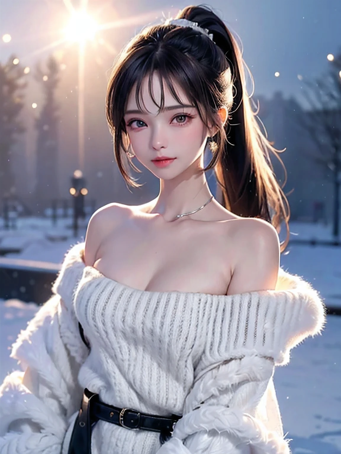 ((Close-up image))((masterpiece:1.5、8k、Tabletop、Photorealistic and very detailed CG、Very detailed、Particle Effects、Dynamic Effects、Written boundary depth、Cinematic Light、Lens flare、Ray Tracing、Tabletop、Realistic:1.4、超A high resolution:1.2、Realistic、Realistic))((alone、Warm clothes 1.8、 Off the shoulder, sweater,Elegant woman posing、Detailed face、Bright expression、young, Brighter, Whiter skin、Ample breasts、Best Looks、Ultimate beauty、Shiny silver hair with highlights、Bright and shiny hair,、Super long, Longer than height ponytail hairstyle、Hair dancing in the wind))(morning、The setting is a snow-covered urban station、Surrounded by winter illuminations)
