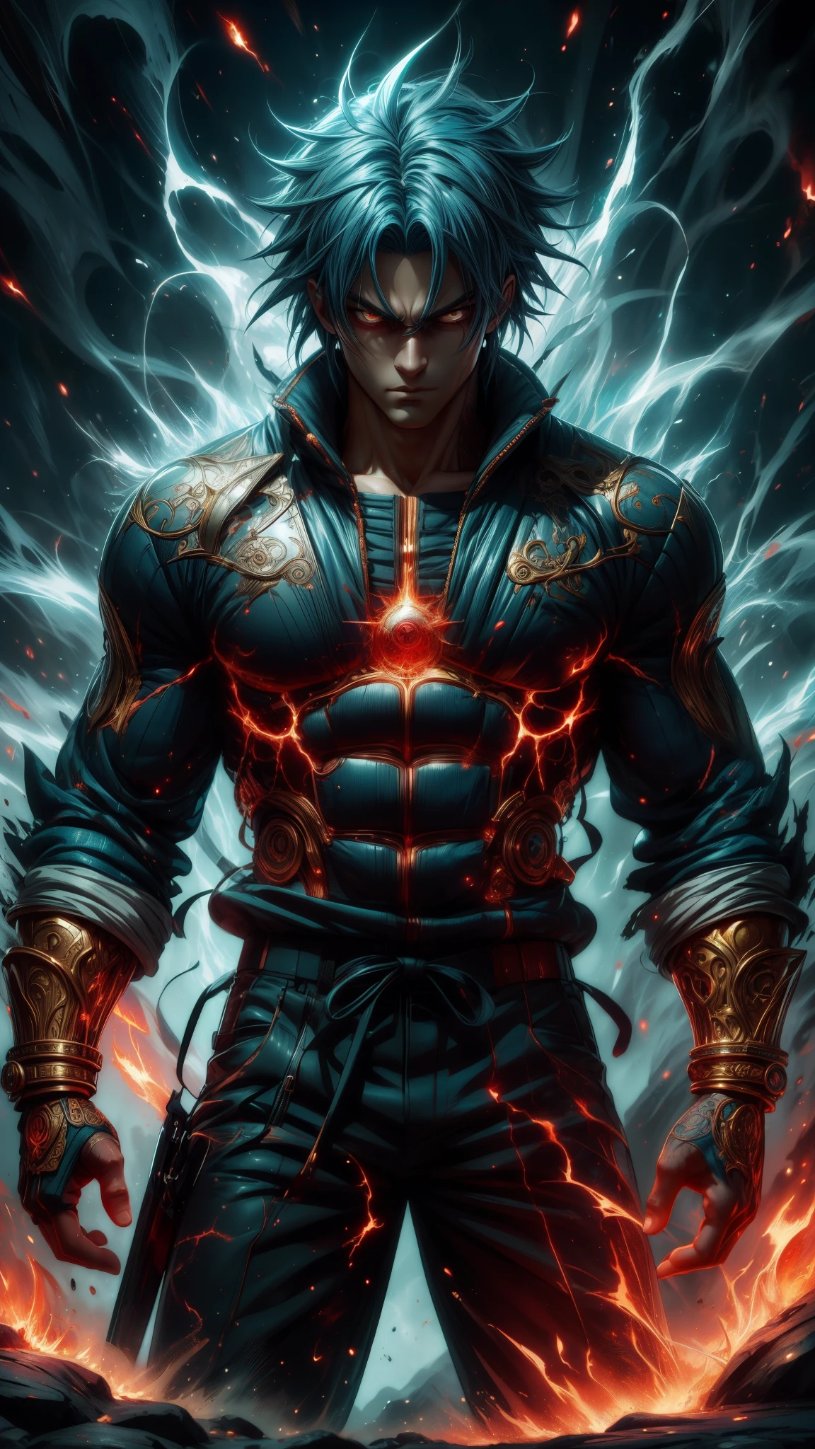 (Aesthetic, Hi-Res: 1.2), Get ready for a visual feast with Vegito 20 years old, solo, brilliant blue hair and tattoos, a creature with a handsome face and piercing golden eyes. In his transformed state, he radiates extreme instinct and power, creating an epic anime about this man of energy. See how he manipulates fire and lava in stunning anime artwork that will blow your mind. This concept art is straight from the Bleach Universe, with manga-style 8k wallpapers that will transport you to another dimension. Get ready to be amazed by this detailed piece of digital anime art, showcasing the ultimate combination of style and power.