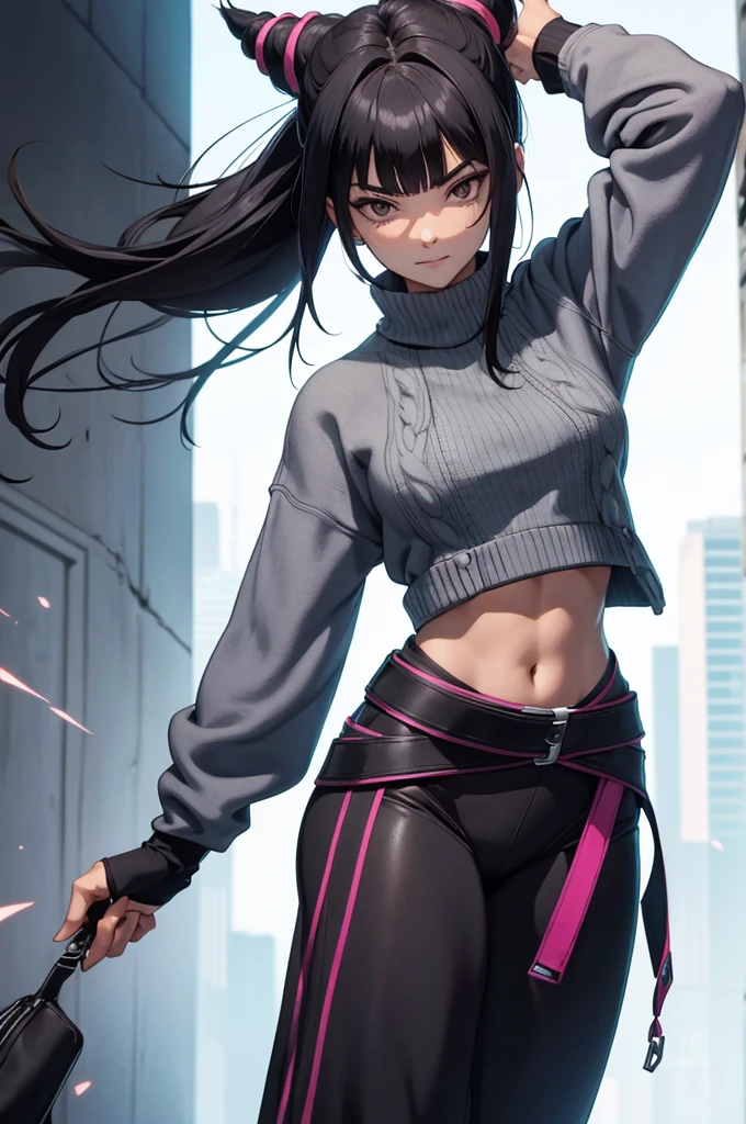 juri han,,obra de arte, melhor qualidade, agrias, gray sweater, collant preto, standing, olhando para o espectador, cabelo loiro
