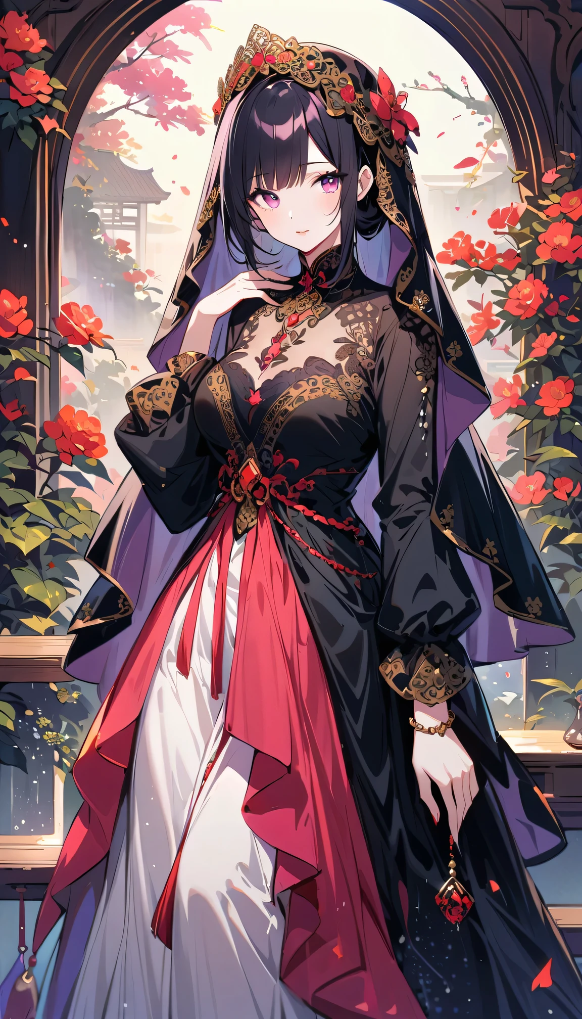 (Boutique,masterpiece:1.2),A girl wearing an elegant veil walking in the rain,Under an ink painting of a tranquil garden,Every drop of rain creates an elegant Chinese calligraphy。This girl has a pair of charming deep eyes,Matching the intensity of raindrops。She has soft pink lips,Complements pale skin,Long eyelashes sway as the rain splashes on her face。Raindrops poured down her veil,Create an elegant movement,Harmonious integration with the surrounding environment。The medium used to create this artwork is traditional Chinese ink painting,It symbolizes the beauty of simplicity and tranquility.。The delicate brushstrokes and soft textures complement the tranquil garden scene in the background.。More details embellish the artwork,Like the intricate floral pattern on the girl's dress.,Dancing gracefully in the rain。Rainfall creates small ripples on the garden pond,Increases the depth of the overall composition。The girl's calm expression reflects a feeling of tranquility,It's like she's at one with nature。This artwork demonstrates the highest quality,Meticulous attention to detail。Every raindrop and every stroke is clearly visible,Captures the true essence of the scene。The use of natural light accentuates the atmospheric effect,Creates a mood of calm and reflective solitude。The artwork's artistic style is reminiscent of traditional Chinese landscape paintings,And inject a touch of modern elegance。The color palette consists mainly of soothing blue and gray tones,Reflecting the tranquility of rainy days。However,There are bright pinks and greens in the girl's dress and the surrounding flora,Highlighting exquisite beauty in a tranquil scene。The gentle rain provides soft diffuse light,Bathing the garden in tranquil sunshine。