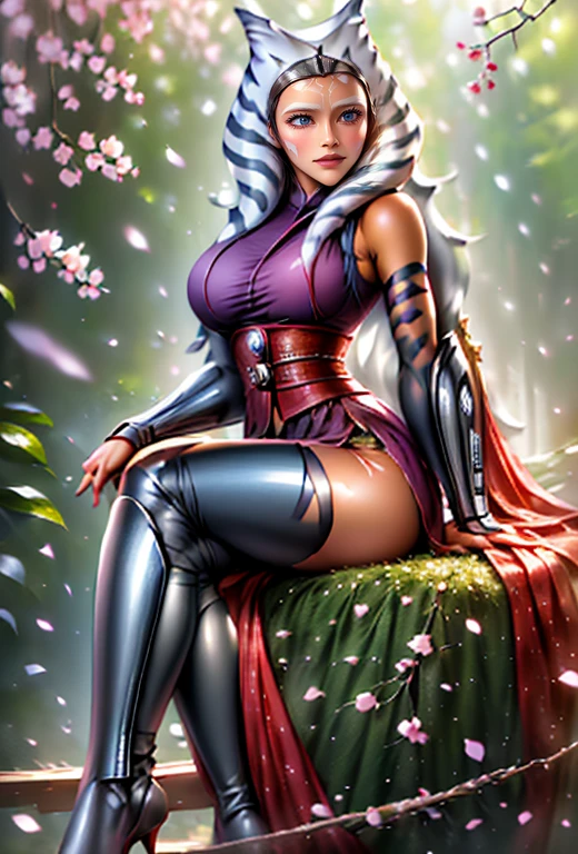 (((ahsoka)))　(Bright red rouge lips)　Super big boobs　Chubby　Plump　Super big butt　Wet ass　　Big eyes　SakuraFubuki　((Gorgeous super shiny purple long cheongsam))　((Knee-high boots)) garter belt　8K　Photorealistic　((Cherry tree in full bloom))　(A large amount of falling cherry blossom petals)　((Morning Glow))　((Sit)　((Back view of a person sitting upright))　((make eye contact))　((stick out your butt))