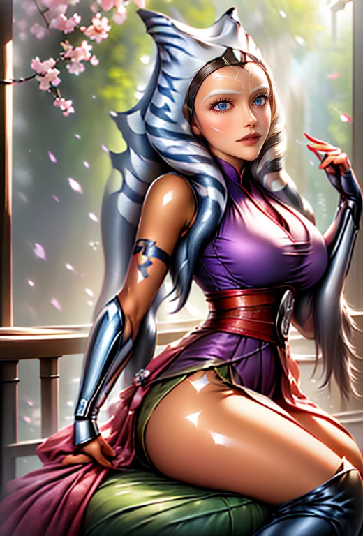 (((ahsoka)))　(Bright red rouge lips)　Super big boobs　Chubby　Plump　Super big butt　Wet ass　　Big eyes　SakuraFubuki　((Gorgeous super shiny purple long cheongsam))　((Knee-high boots)) garter belt　8K　Photorealistic　((Cherry tree in full bloom))　(A large amount of falling cherry blossom petals)　((Morning Glow))　((Sit)　((Back view of a person sitting upright))　((make eye contact))　((stick out your butt))