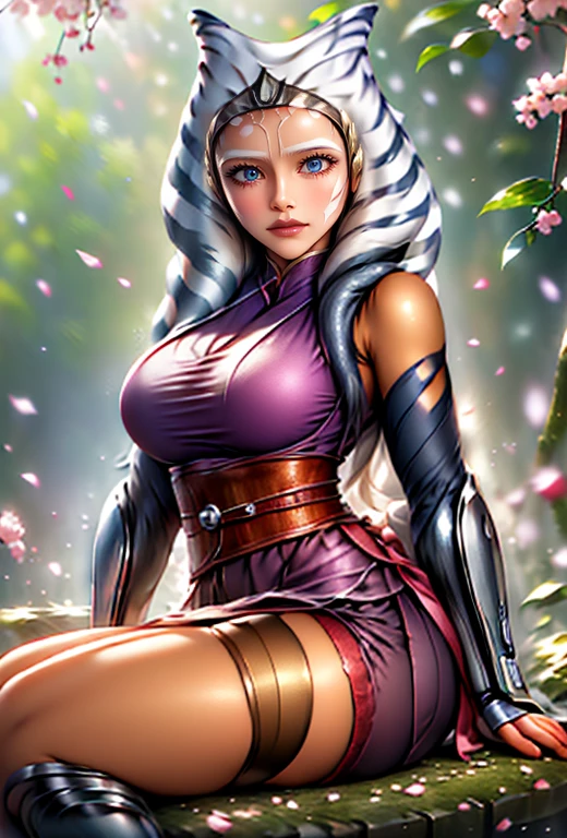 (((ahsoka)))　(Bright red rouge lips)　Super big boobs　Chubby　Plump　Super big butt　Wet ass　　Big eyes　SakuraFubuki　((Gorgeous super shiny purple long cheongsam))　((Knee-high boots)) garter belt　8K　Photorealistic　((Cherry tree in full bloom))　(A large amount of falling cherry blossom petals)　((Morning Glow))　((Sit)　((Back view of a person sitting upright))　((make eye contact))　((stick out your butt))