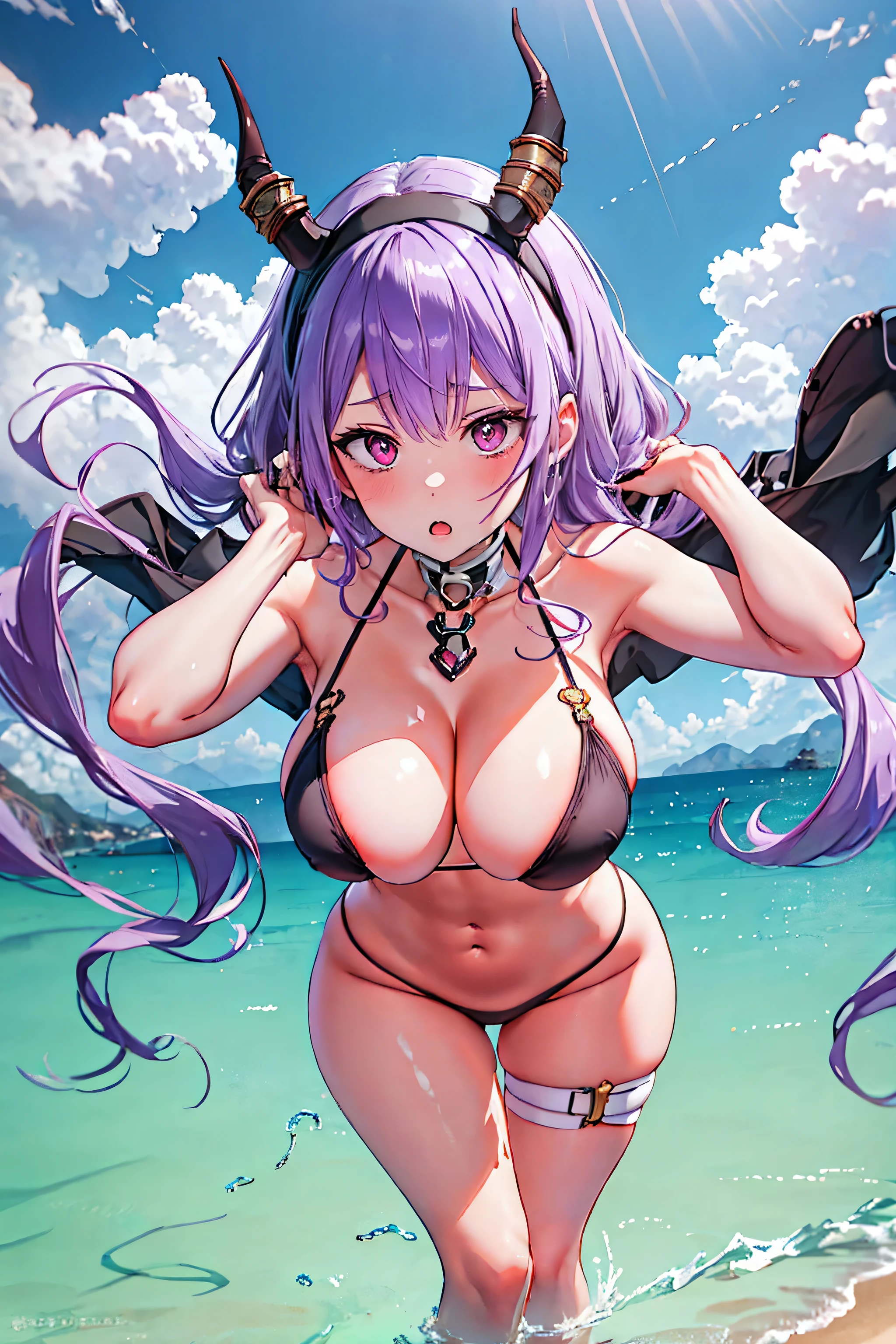 Typhon| Arc Knight, micro bikini, Masterpiece, best quality, 1 woman,25 years old , big, Big breasts, My hair is very long., headband, purple hair, conjunctivitis, proportion body, proportion, show your , Water set, This micro bikini,micro mini bikini, Lying on the beach with exciting challenges, Not clear. ,only, beautiful sea, The sky is beautiful, Looking at the audience from the front, thigh strap, tilt your head, bored, 10, 10, high resolution, Expressing anger, angry, 