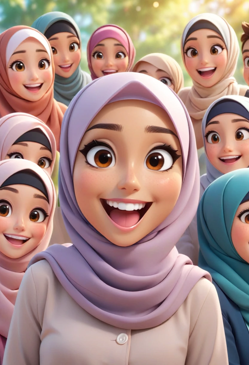 teacher wearing hijabs with student, 3D, CGI, cartoon, anime, bokeh, wide angle, taking a photo with all their faces laughing happily, all eyes facing front