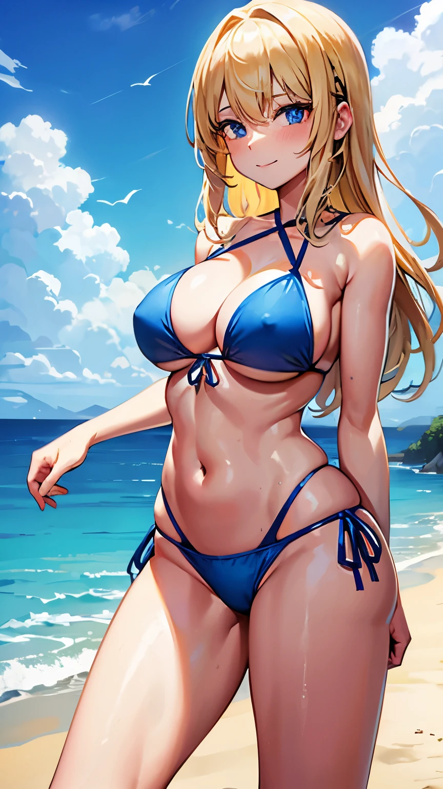 a woman in a bikini standing on a beach, long hair, breasts, smile, blue eyes, blonde hair, large breasts, navel, cleavage, bare shoulders, closed mouth, swimsuit, thighs, cowboy shot, outdoors, sky, day, cloud, water, stomach, blue sky, bare arms, side-tie bikini bottom, bird, halterneck, sunlight, string bikini, blue bikini, mountain, strap gap, mountainous horizon