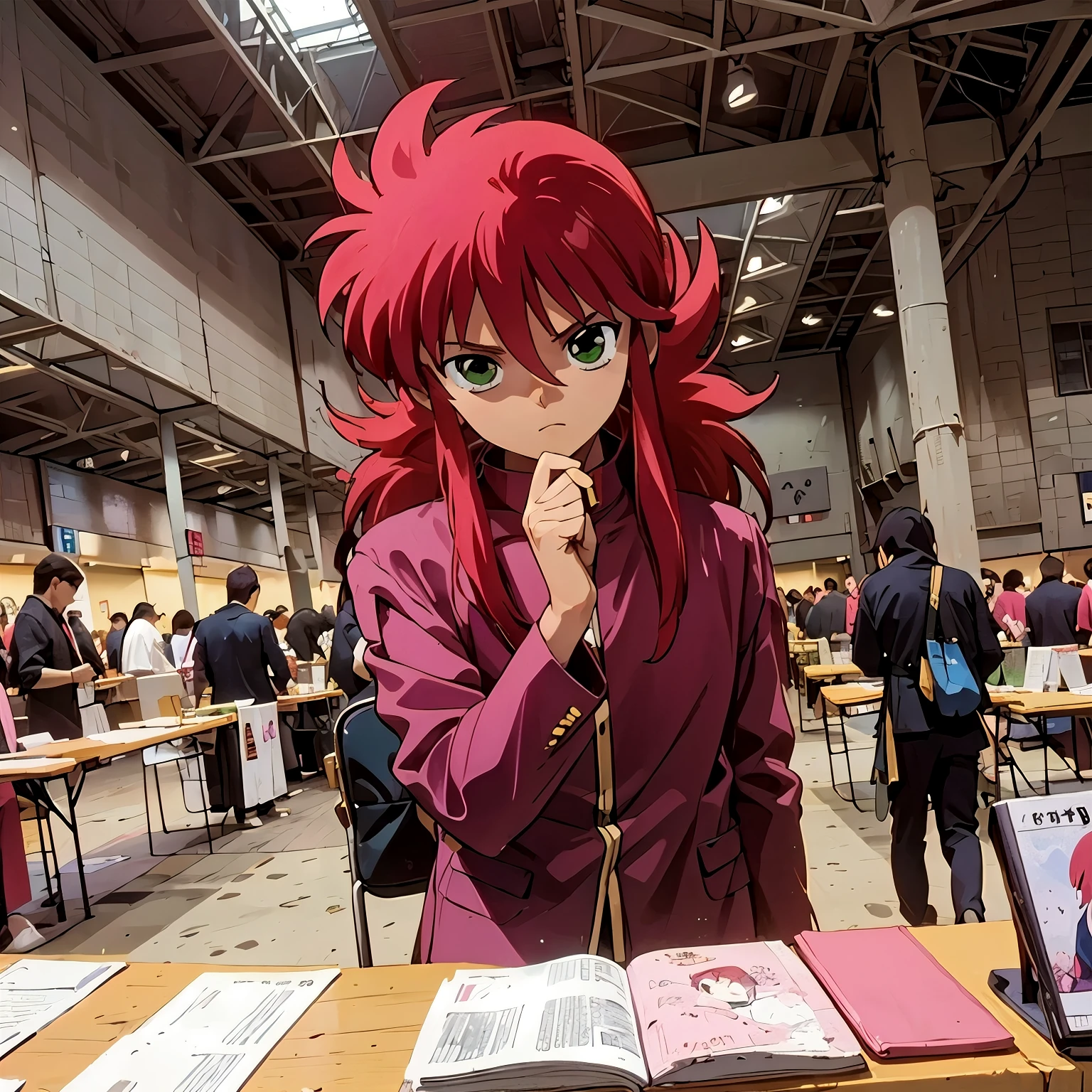 One boy, flower, Long Hair, Redhead, Green Eyes, alone, Contrasting, pink , pink uniform, Anime Style, (comiket), table, chair, book, indoors, photo background, indoors,