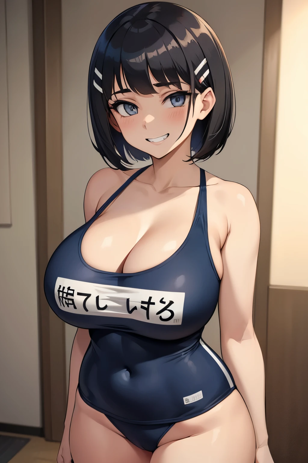 1 hot girl, dark hair, dark grey eyes, grin, gorgeous, aasugu, short hair, hairclip, school swimsuit, large breasts