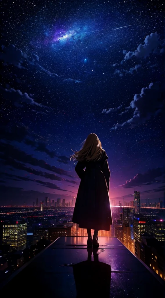 １people々々々々々々々々々,Blonde long-haired woman，Long coat， Dress Silhouette， Rear View，Space Sky, comet, Anime Style, City night view from the rooftop，Countless crosses of light in the city，