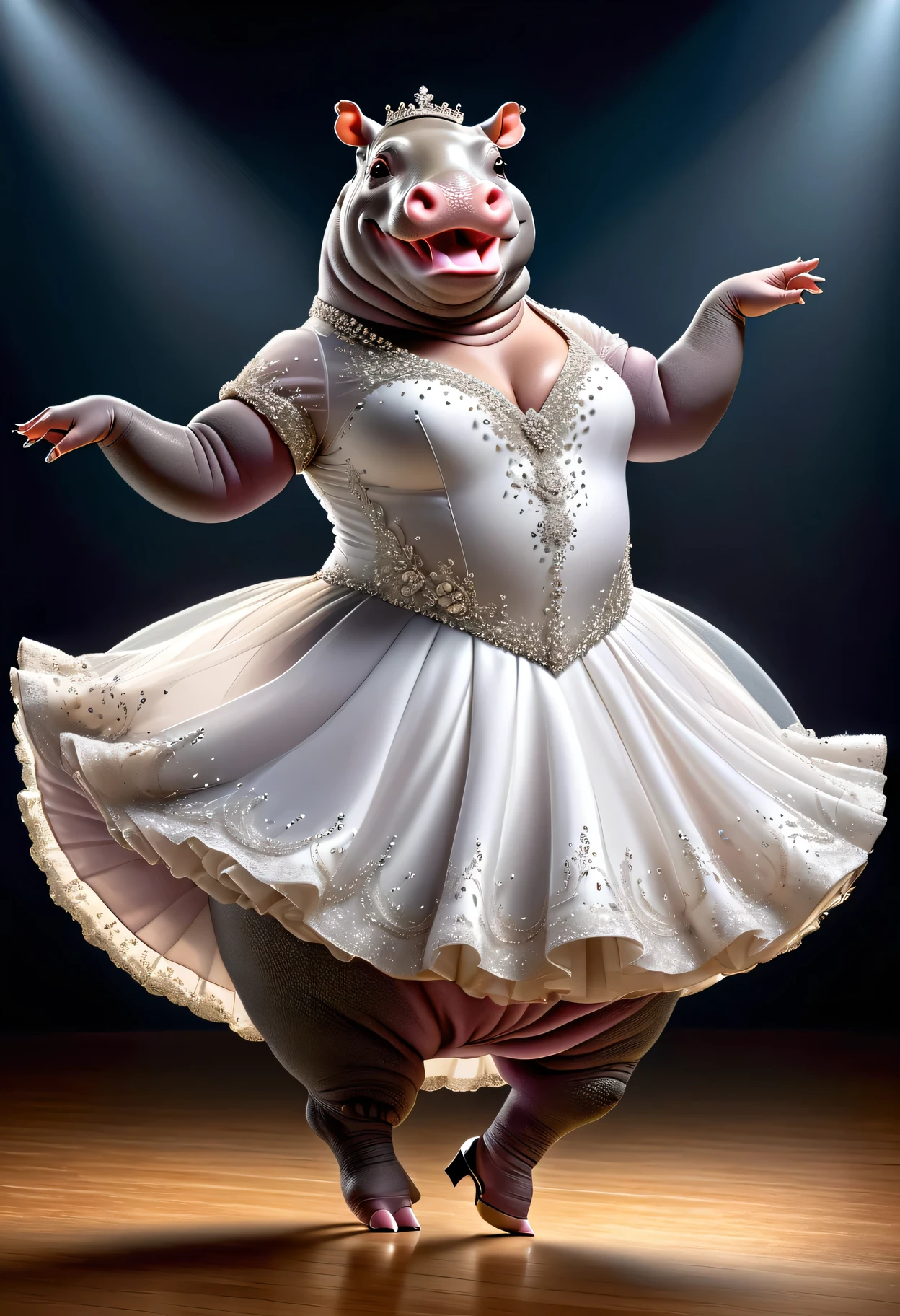 photorealistic portrait of Dressed animals - a ((fat)) ((hippo)) Ballroom dancer,(dynamic dancing pose:1.5),(smile),(long legs), high quality,(lovely) ,intricate details, highly detailed (female ballroom dancer's white dress )),, highly detailed decorations of dress ,high heels, (happy), studio lighting,(full body image:2.0)
