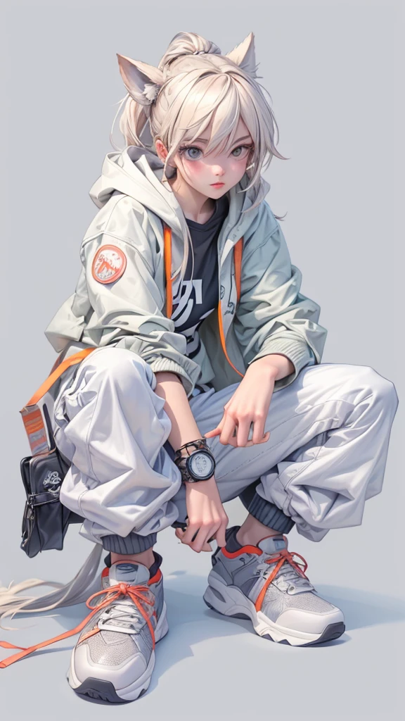 a masterpiece,Bestquality,offical art,8kwallpaper,Extremely Detailed,Illustration,1GIRL,Trendy outfits,watch,sneaker shoes,squat down,Hands droop naturally,Hooded jacket,Street side,