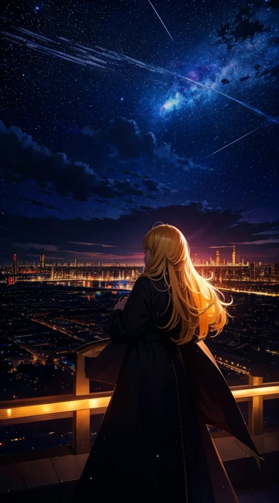 １people々々々々々々々々々,Blonde long-haired woman，Long coat， Dress Silhouette， Rear View，Space Sky, comet, Anime Style, City night view from the rooftop，Countless crosses of light in the city，