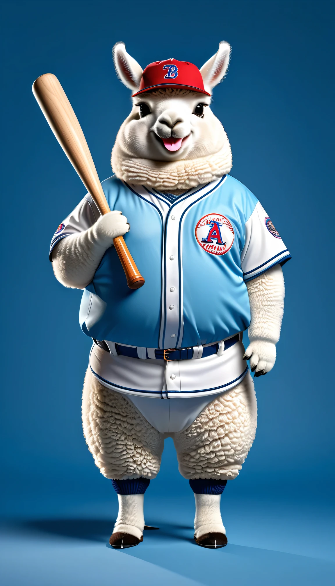 photorealistic portrait of Dressed animals - a ((fat)) alpaca Baseball player,(holing bat:1.5),(smile),(), high quality,(lovely) ,intricate details, highly detailed (baseball uniform )),blue theme,, (happy), studio lighting,(full body image:2.0)