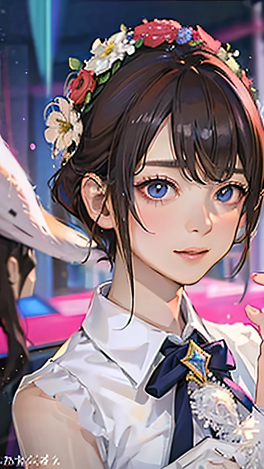 (highest quality, High resolution), Glowing Eyes, Delicate facial features, Vibrant colors, Dreamy atmosphere, Fantasy Theme, Floral Background, Graceful Movement, Magic lighting, Mysterious Aura, Heavenly Beauty, Magic thread, Whimsical elements,Sexy idol costumes、