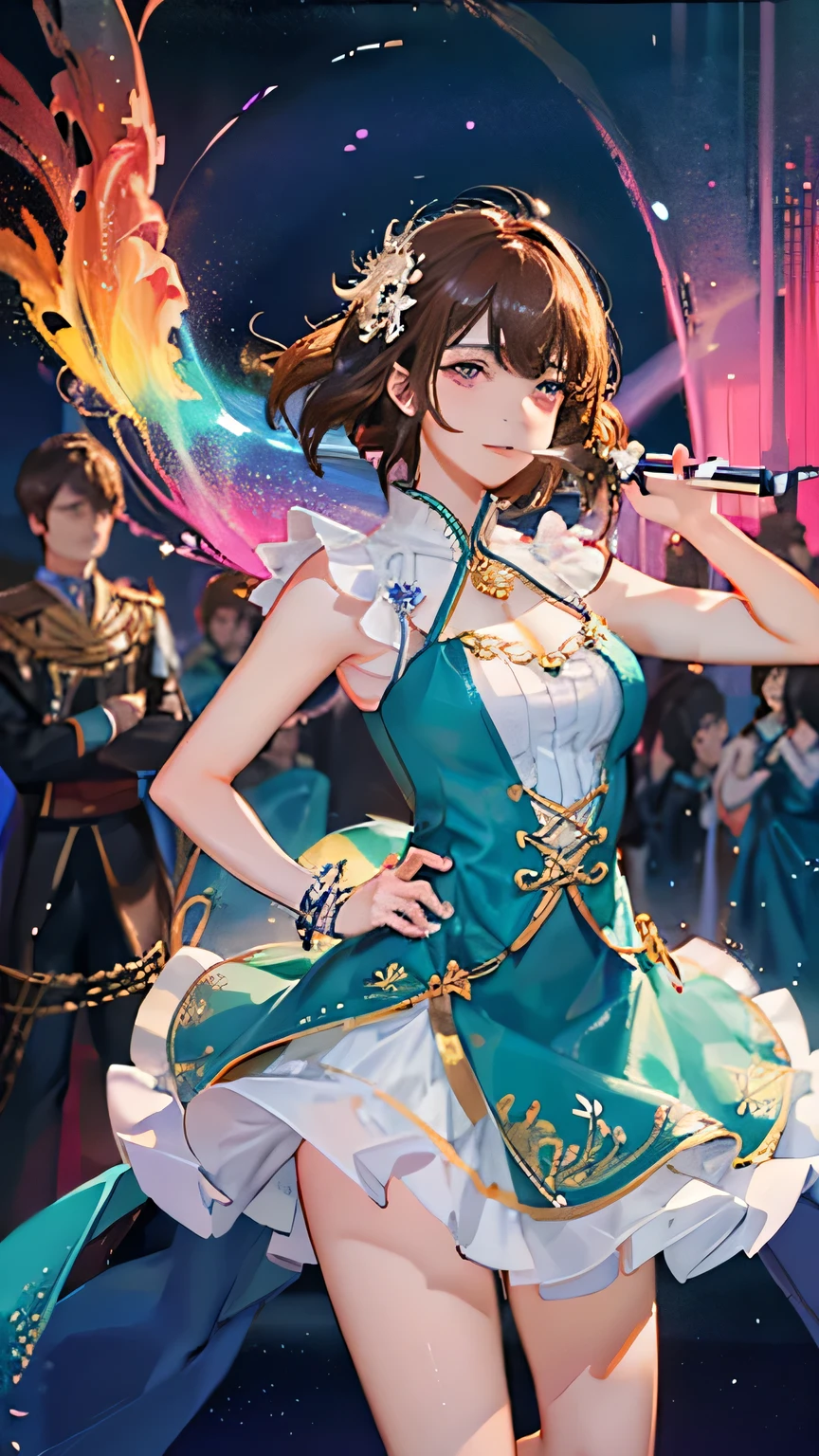(highest quality, High resolution), Glowing Eyes, Delicate facial features, Vibrant colors, Dreamy atmosphere, Fantasy Theme, Floral Background, Graceful Movement, Magic lighting, Mysterious Aura, Heavenly Beauty, Magic thread, Whimsical elements,Sexy idol costumes、