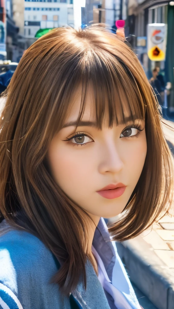 Best quality, 8k, ,Masterpiece :1.3)), facing viewer,((full body1.2)) ,pretty woman, wide shot ,1girl, , selfie , , Street Corner Mural, brown hair , bangs,ultra-detailed face, highly detailed lips, detailed eyes, double eyelid