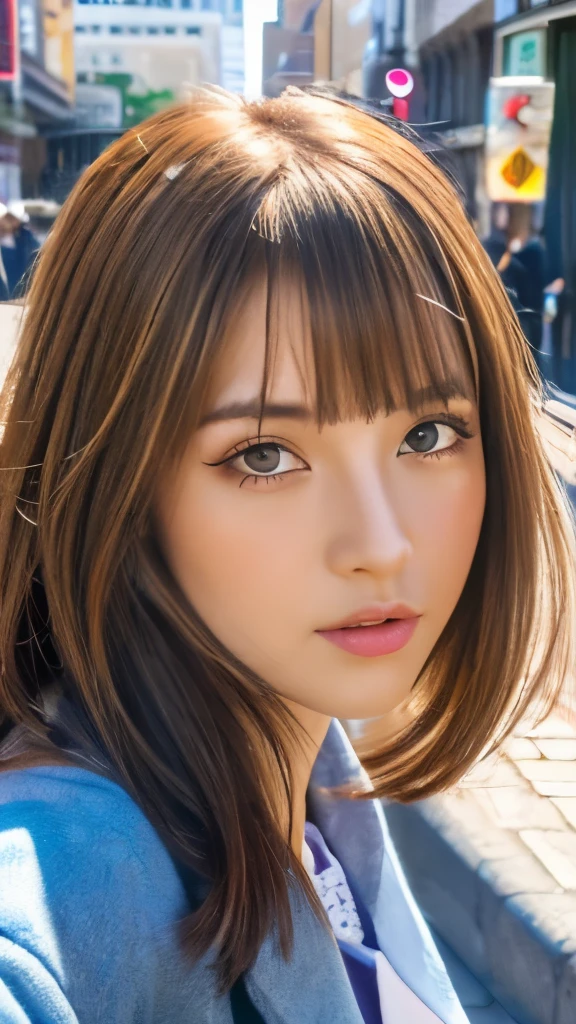 Best quality, 8k, ,Masterpiece :1.3)), facing viewer,((full body1.2)) ,pretty woman, wide shot ,1girl, , selfie , , Street Corner Mural, brown hair , bangs,ultra-detailed face, highly detailed lips, detailed eyes, double eyelid