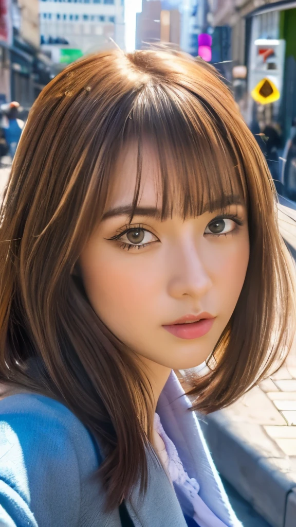 Best quality, 8k,  ,Masterpiece :1.3)), facing viewer,((full body1.2)) ,pretty woman, wide shot ,1girl, , selfie   , ,  Street Corner Mural, brown hair  , bangs,ultra-detailed face, highly detailed lips, detailed eyes, double eyelid