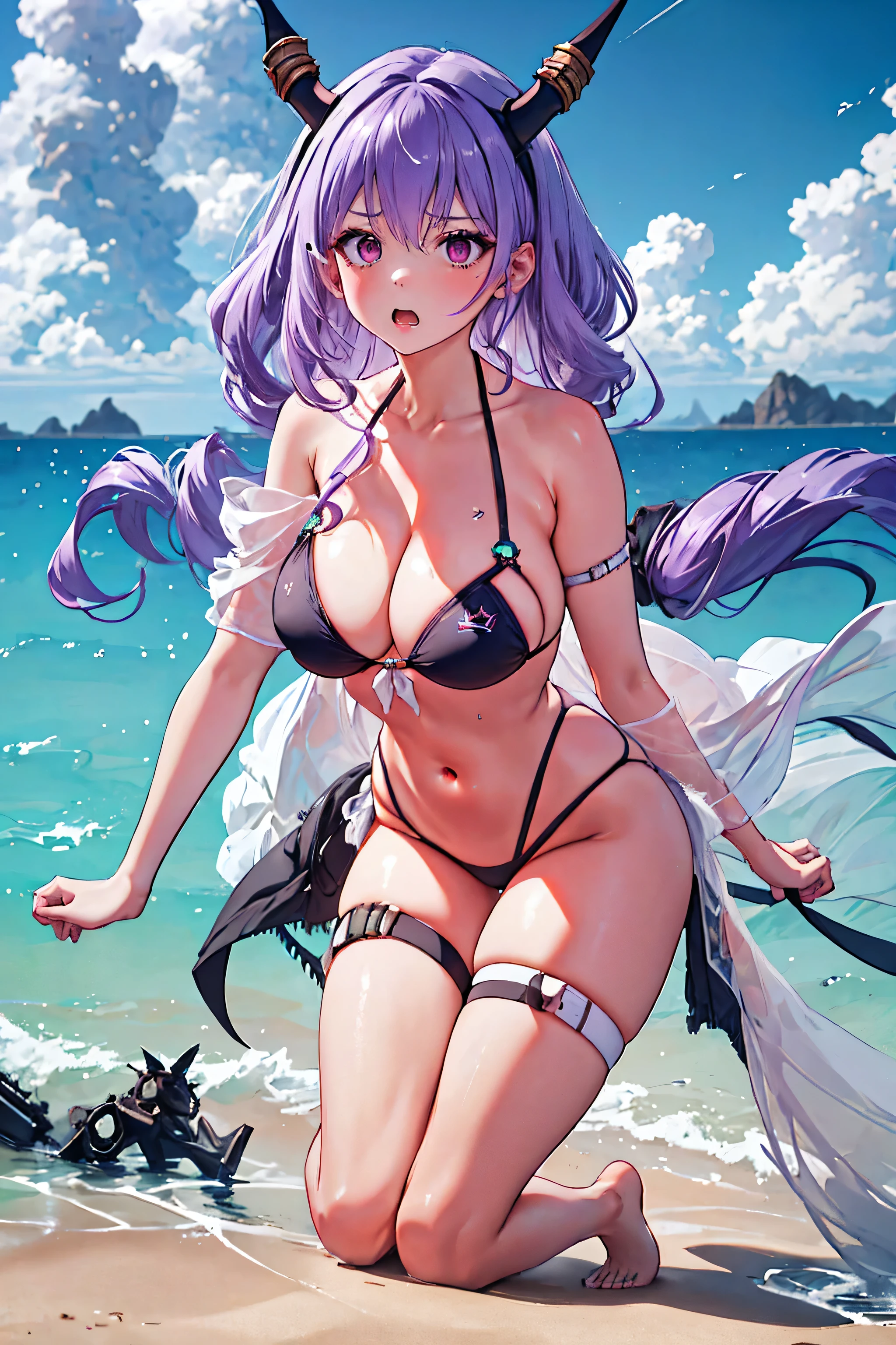 Typhon| Arc Knight, micro bikini, Masterpiece, best quality, 1 woman,25 years old , big, Big breasts, My hair is very long., headband, purple hair, conjunctivitis, proportion body, proportion, show your , Water set, This micro bikini,micro mini bikini, Lying on the beach with exciting challenges, Not clear. ,only, beautiful sea, The sky is beautiful, Looking at the audience from the front, thigh strap, tilt your head, bored, 10, 10, high resolution, Expressing anger, angry, 