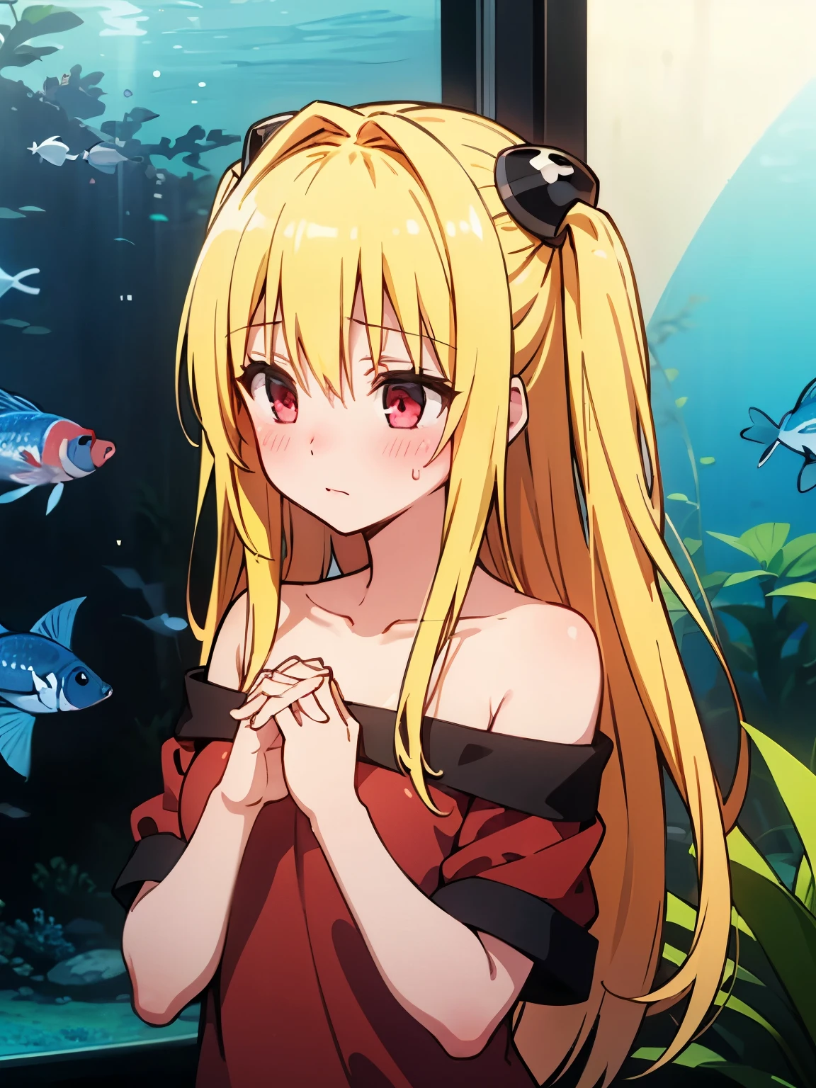 NSFW,Fiami、1 girl、Long Hair、solo、hair ornaments、Two Side Up、Blonde Hair、Red eyes、hair ornaments,sweater,Off the shoulder,Embarrassed,blush,In heat,A wistful look,I feel pleasure,(Perfect hands),(Perfect Anatomy),(masterpiece),(highest quality),Aquarium,Aquarium