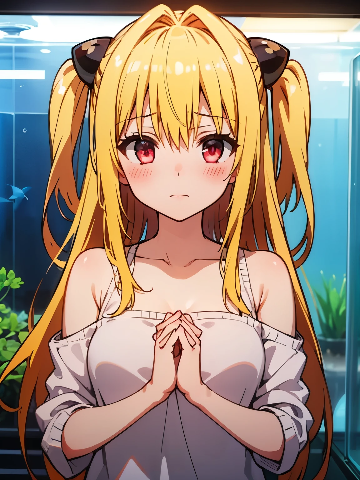 Outdoor,(night),Near hot springs,steam,Rika Jougasaki,Yellow and orange hair hoop, orgasm, blush,(naked),((Small breasts)),((1boy,ass pov,paizuri,breast squeeze,breast grab,)),View your viewers,Looking up,