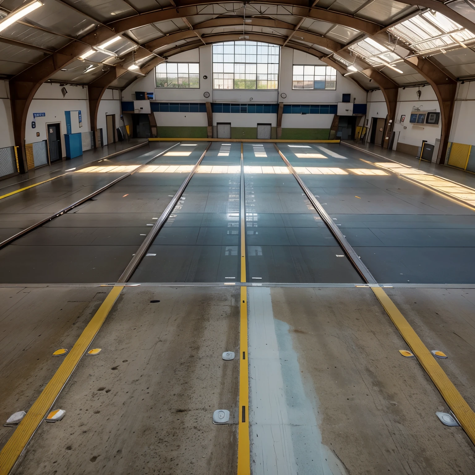 Generate 10 realistic images of roller skating ground tracks with dimensions of 65x35 square feet, showing different views like top view, side view, and back view. The images should depict the tracks in various settings, such as outdoor parks, indoor skating rinks, or urban environments. The tracks should have clear markings, smooth surfaces, and appropriate safety features. Additionally, include elements like ramps, rails, or obstacles that would make the tracks interesting and challenging for roller skaters