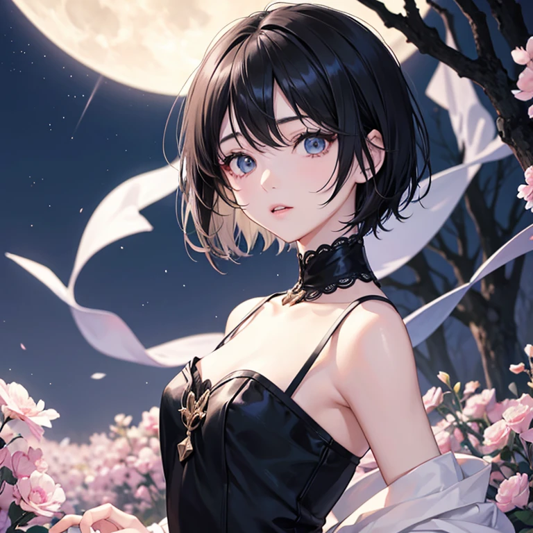 anime, beautiful girl、10 talents、Black Hair、A face that retains its youthfulness、short hair、Her hair is cut short, just short of her shoulders、Bright eyes、Sparkling eyes、whole body、Night Forest、Moonlight、Running desperately