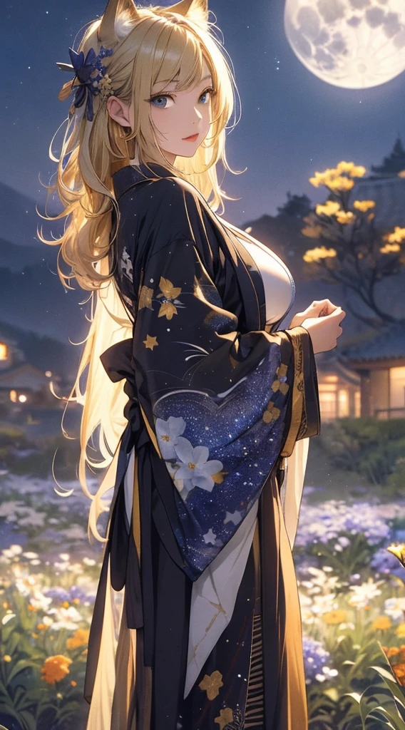 masterpiece, high quality, 4K, Beautiful design, silhouette，blonde， 非常に詳細な夜のStarry Sky,Flower Field， wonderful, Finer details,  Very knowledgeable woman, Highly detailed solo, 1 female,Cat ear，Big Breasts，kimono，Night view，Starry Sky，full moon，