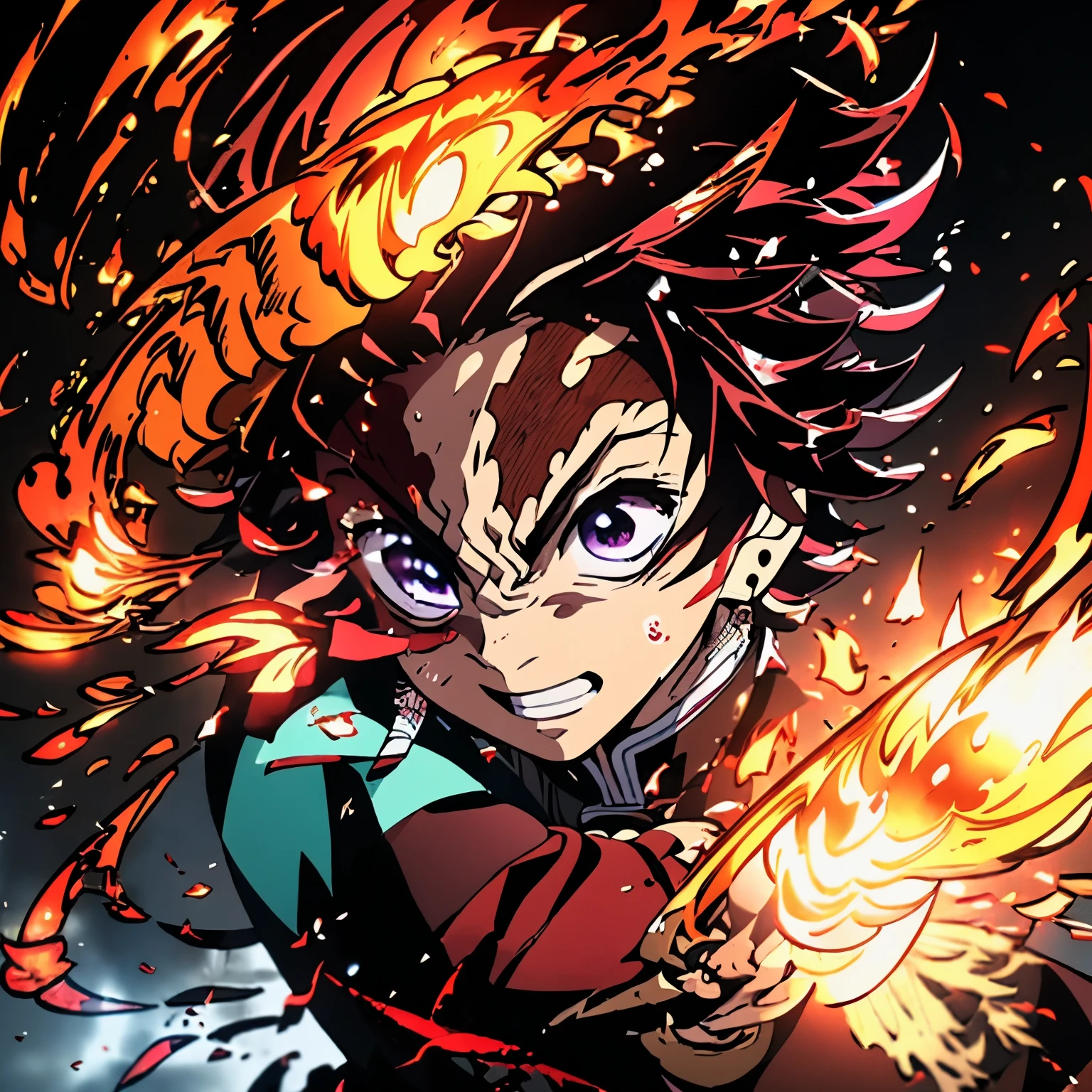 Masterpiece、Demon slayer、Tanjiro Kamado、Flame Background、Flaming Japan sword、Angry Face