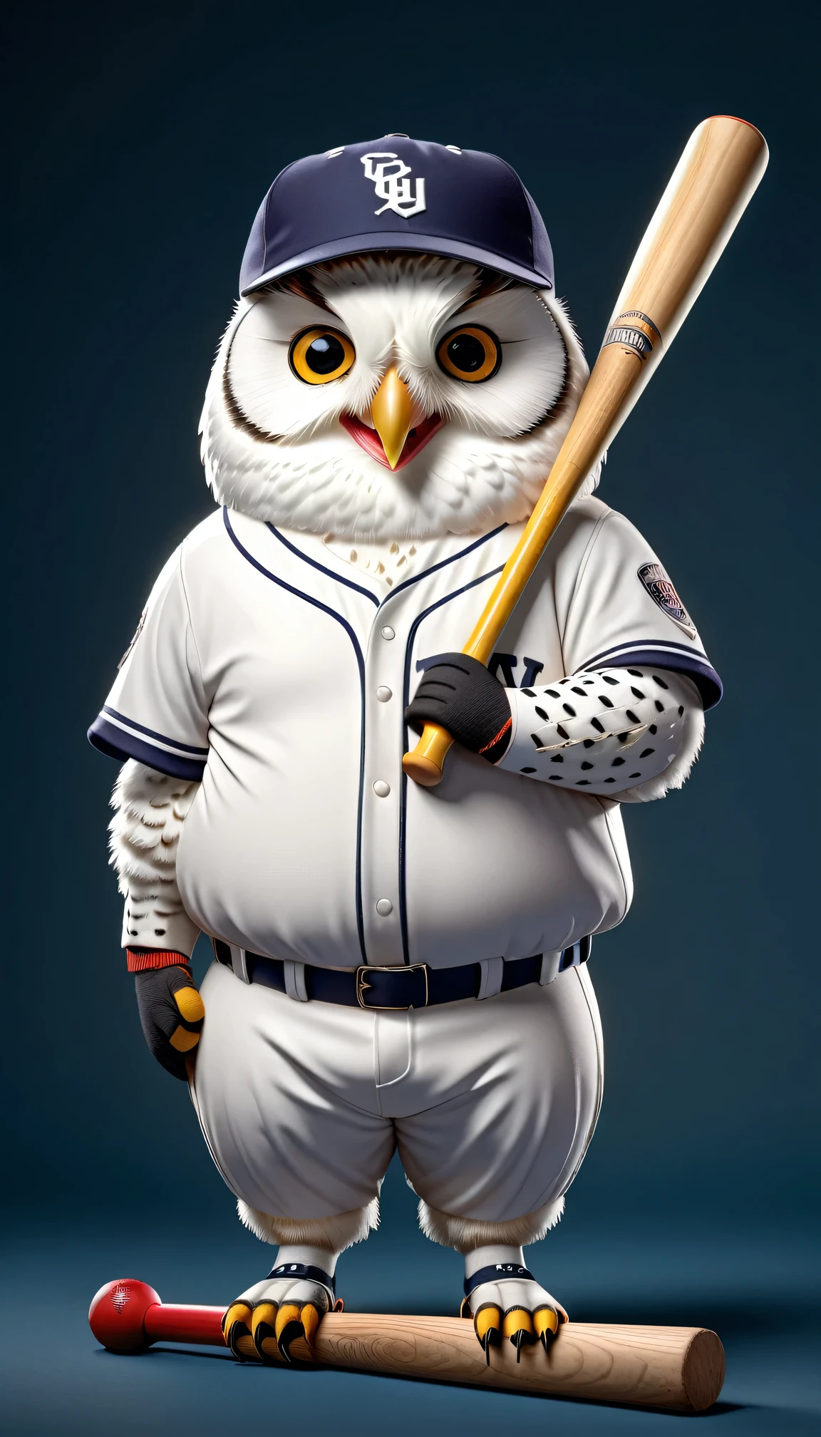 photorealistic portrait of Dressed animals - a ((fat)) white owl Baseball player,(holing bat:1.5),(happy smile),(), high quality,(lovely) ,intricate details, highly detailed (baseball uniform )),baseball cap,, (happy), studio lighting,(full body image:2.0)