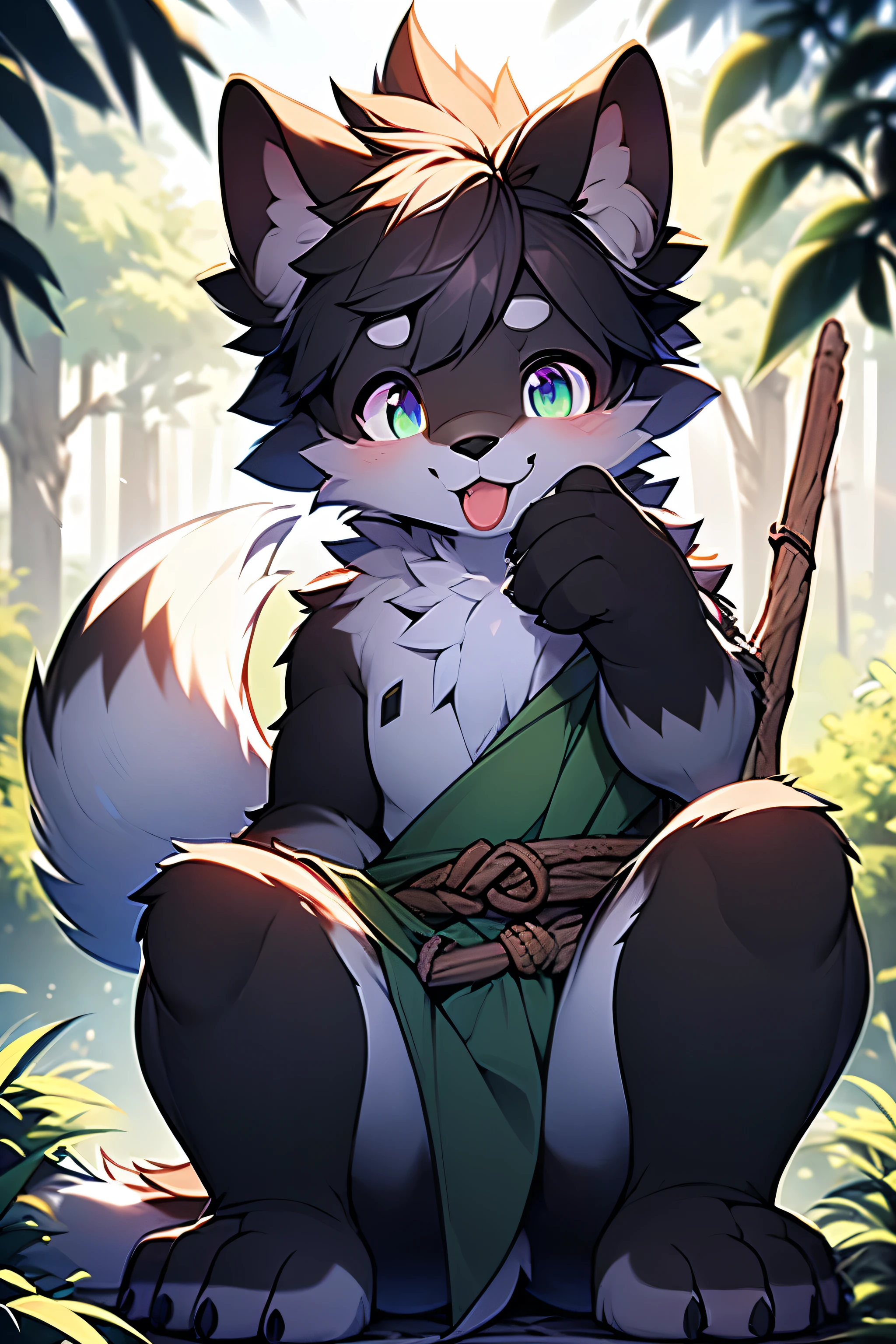 eyes with brightness, in a panoramic view, Character focus.(detailedbackground:0.7), solo, shaggy, shaggy male, malefocus, (Full Body Furry, Fluffy tail, White and dark black fur, Purple eye,long canines，There is a green pattern on the body，Stick out your tongue，Shy，There is a blush on the face