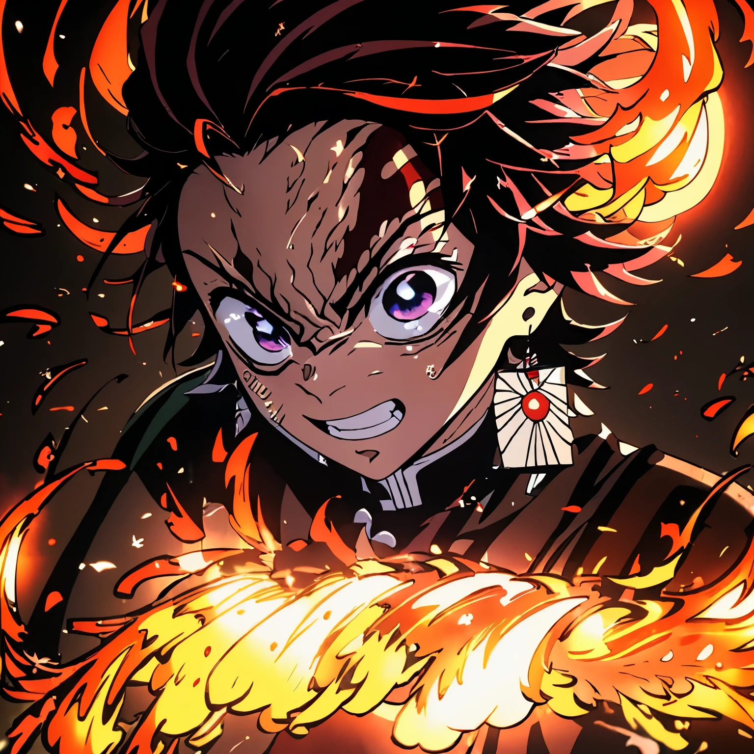 Masterpiece、Demon slayer、Tanjiro Kamado、Flame Background、Flaming Japan sword、Angry Face