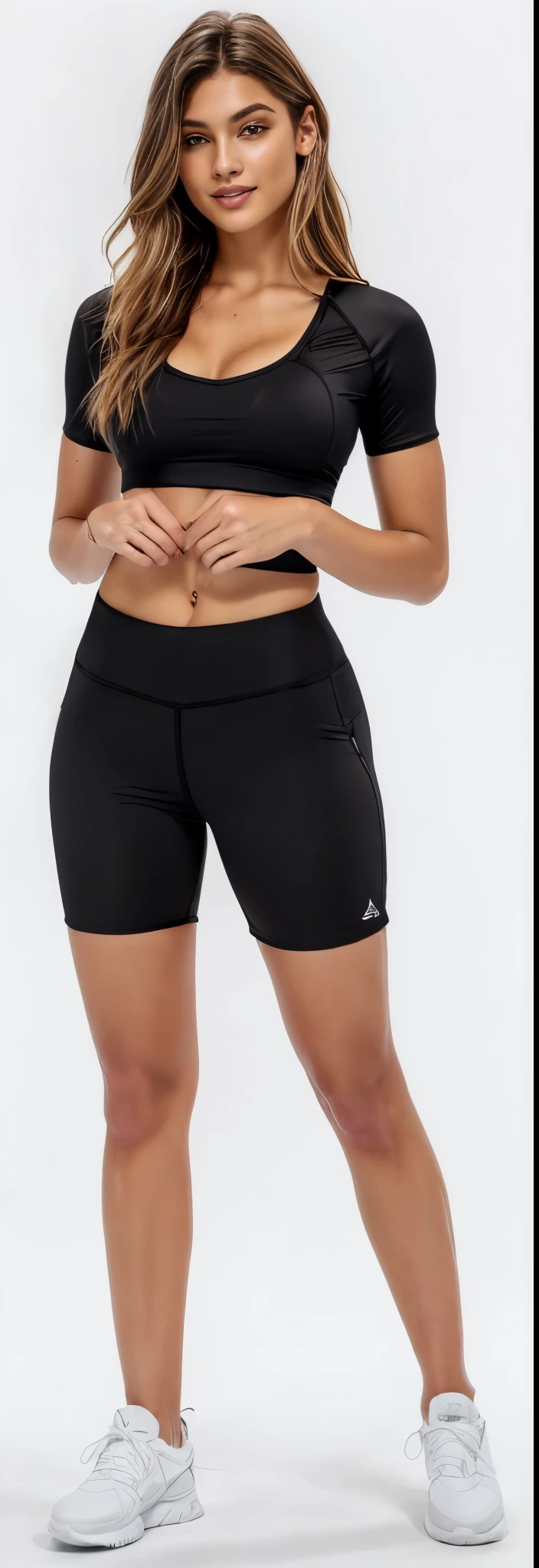 uma mulher de top preto e shorts posando para uma foto, Corte Yoga Curto, shorts pretos, shorts pretos de , wearing shorts pretos, Athletic shorts, pernas tonificadas, sexy sts pretos, In shorts, shorts de menino, Sesportivos, mulher baixa e robusta, coxas focus, coxas, blusa preta justa e shorts, shorts de saque, visible legs, pernas grossas