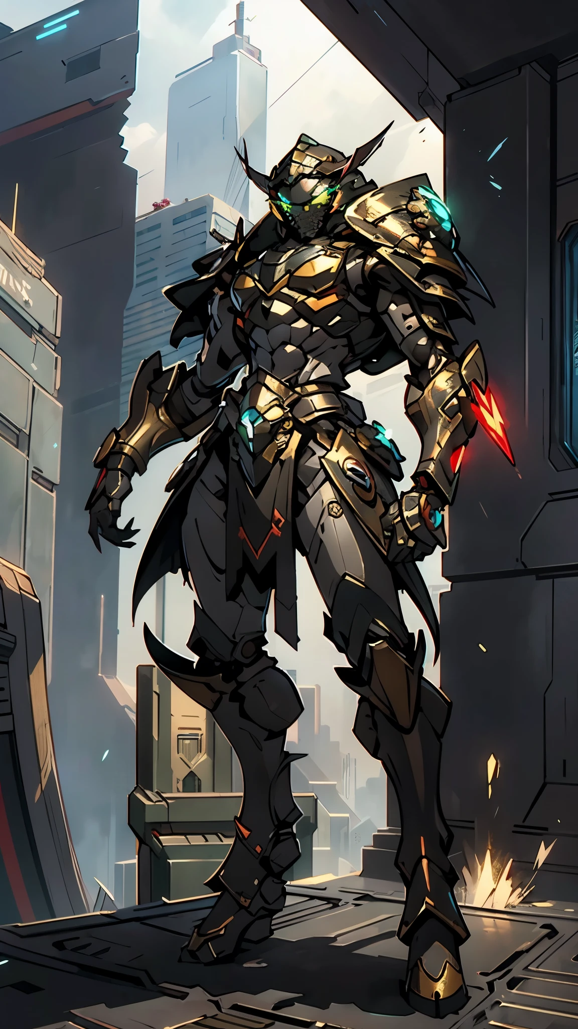 A man wearing a full-face helmet, a fantasy-style biotech armored combat suit, green eyes, (a composite layered chest armor), fully enclosed shoulder guards, matching arm and leg guards, the belt is adorned with Beetle-shaped gem, (the color scheme is primarily black with red accents), the design balances heavy with agility, a high-tech bio-mecha armor, (Dynastinae concept Armor, stand on the top of a skyscraper in a futuristic sci-fi city), this character embodies a finely crafted fantasy-surreal style armored hero in anime style, exquisite and mature manga art style, (element, plasma, energy, the armor glows), ((male:1.5)), metallic, real texture material, dramatic, high definition, best quality, highres, ultra-detailed, ultra-fine painting, extremely delicate, professional, perfect body proportions, golden ratio, anatomically correct, symmetrical face, extremely detailed eyes and face, high quality eyes, creativity, RAW photo, UHD, 32k, Natural light, cinematic lighting, masterpiece-anatomy-perfect, masterpiece:1.5