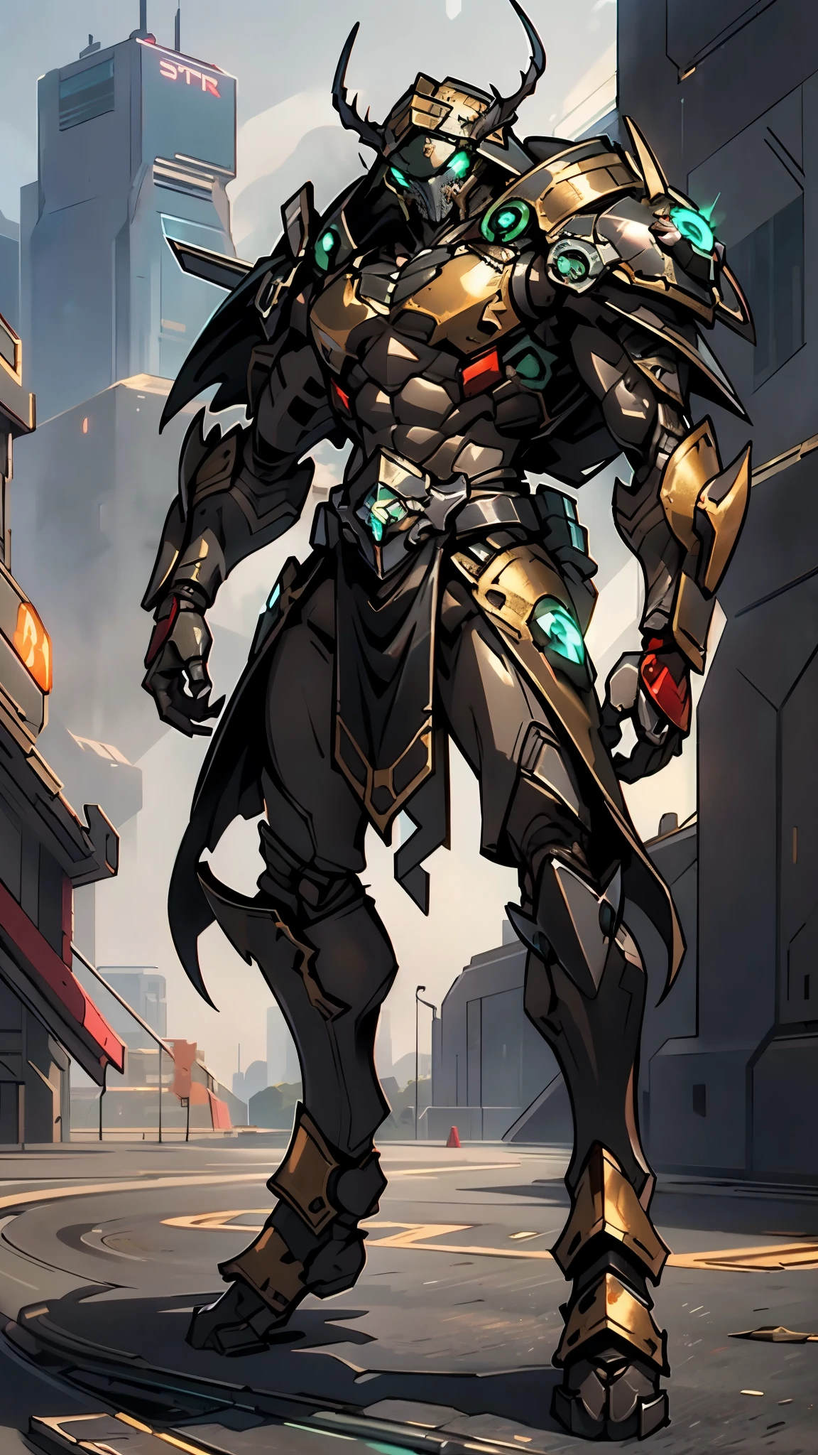 A man wearing a full-face helmet, a fantasy-style biotech armored combat suit, green eyes, (a composite layered chest armor), fully enclosed shoulder guards, matching arm and leg guards, the belt is adorned with Beetle-shaped gem, (the color scheme is primarily black with red accents), the design balances heavy with agility, a high-tech bio-mecha armor, (Dynastinae concept Armor, stand on the top of a skyscraper in a futuristic sci-fi city), this character embodies a finely crafted fantasy-surreal style armored hero in anime style, exquisite and mature manga art style, (element, plasma, energy, the armor glows), ((male:1.5)), metallic, real texture material, dramatic, high definition, best quality, highres, ultra-detailed, ultra-fine painting, extremely delicate, professional, perfect body proportions, golden ratio, anatomically correct, symmetrical face, extremely detailed eyes and face, high quality eyes, creativity, RAW photo, UHD, 32k, Natural light, cinematic lighting, masterpiece-anatomy-perfect, masterpiece:1.5