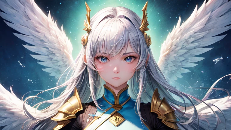 ((best quality)), ((masterpiece)), (detailed), Perfect face，Woman dressed in futuristic clothing，With wings, Archangel Knight，girl, Armor Girl, 穿着机甲网络装甲的girl, 十二生肖girl的骑士, Mechanized Warrior Girl, Anime Fantasy Artwork, 女性动作动漫girl, 美丽的天使girl, Portrait of the Zodiac Girl Knight, Anime Fantasy Illustration, As a mysterious Valkyrie, Anime Fantasy Artwork