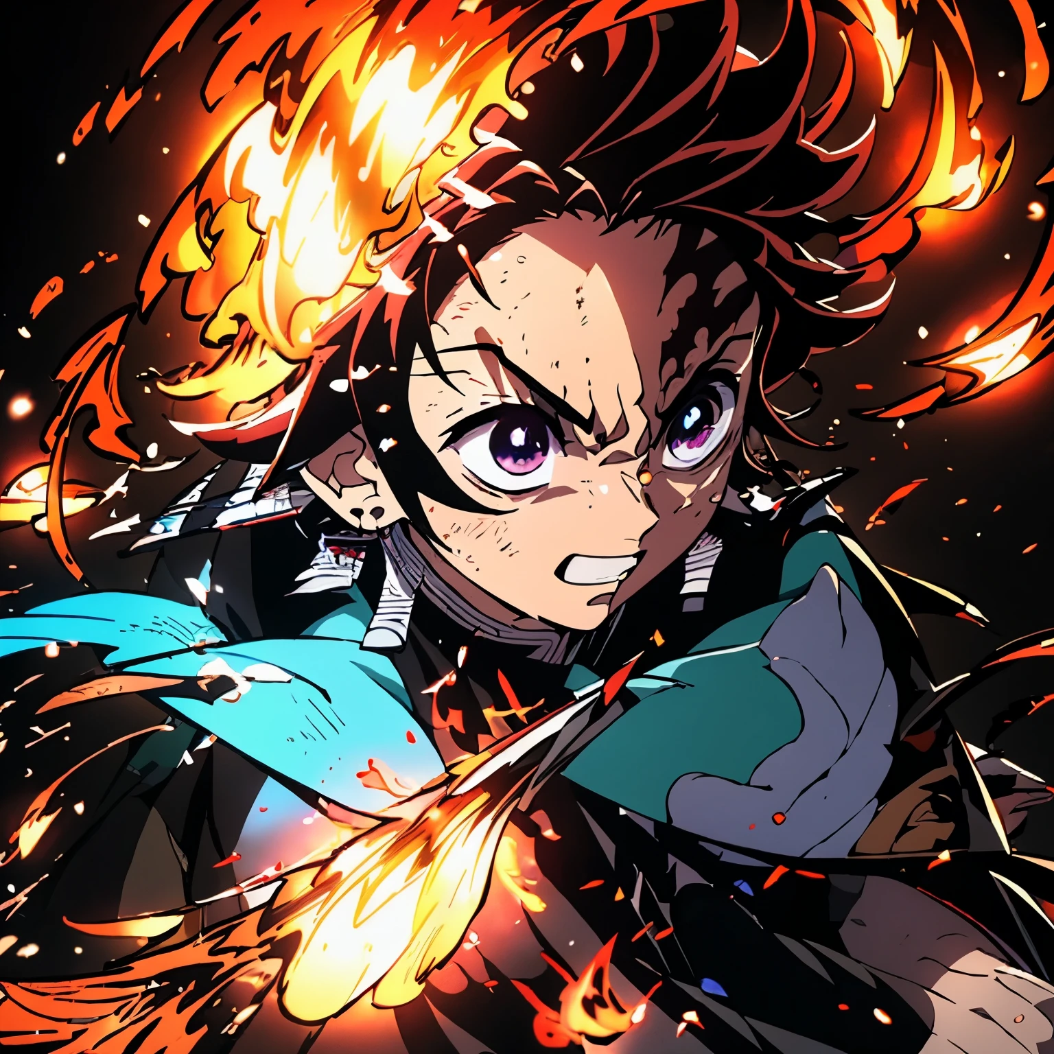 Masterpiece、Demon slayer、Tanjiro Kamado、Flame Background、Flaming Japan sword、Angry Face