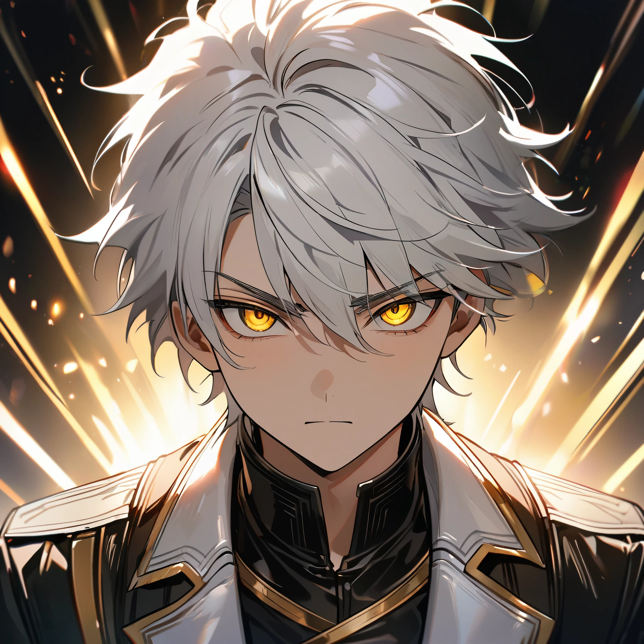 High quality, HD, 4k, handsome male, 1male, , teenager, golden lining, short white hair, sharp eyes, gold eyes, devil may cry, close up, calm expression, stoic expression, black leather clothes, white leather clothing, upper body, looking at viewer, cowboy shot, white solar, shining background