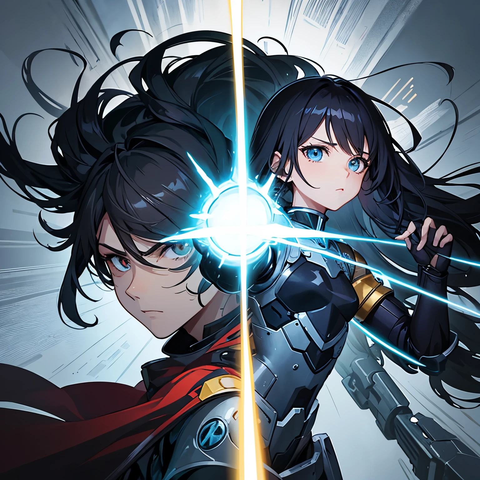 Painel de Boku no hero:  adolescente de cabelo longo preto com uma mecha branca, saindo de um portal.